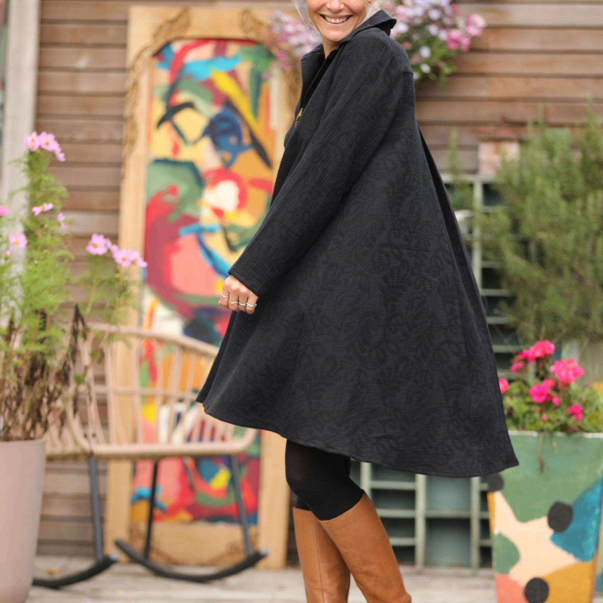 Robe Carole - Jacquard de coton lin noir - Image 8