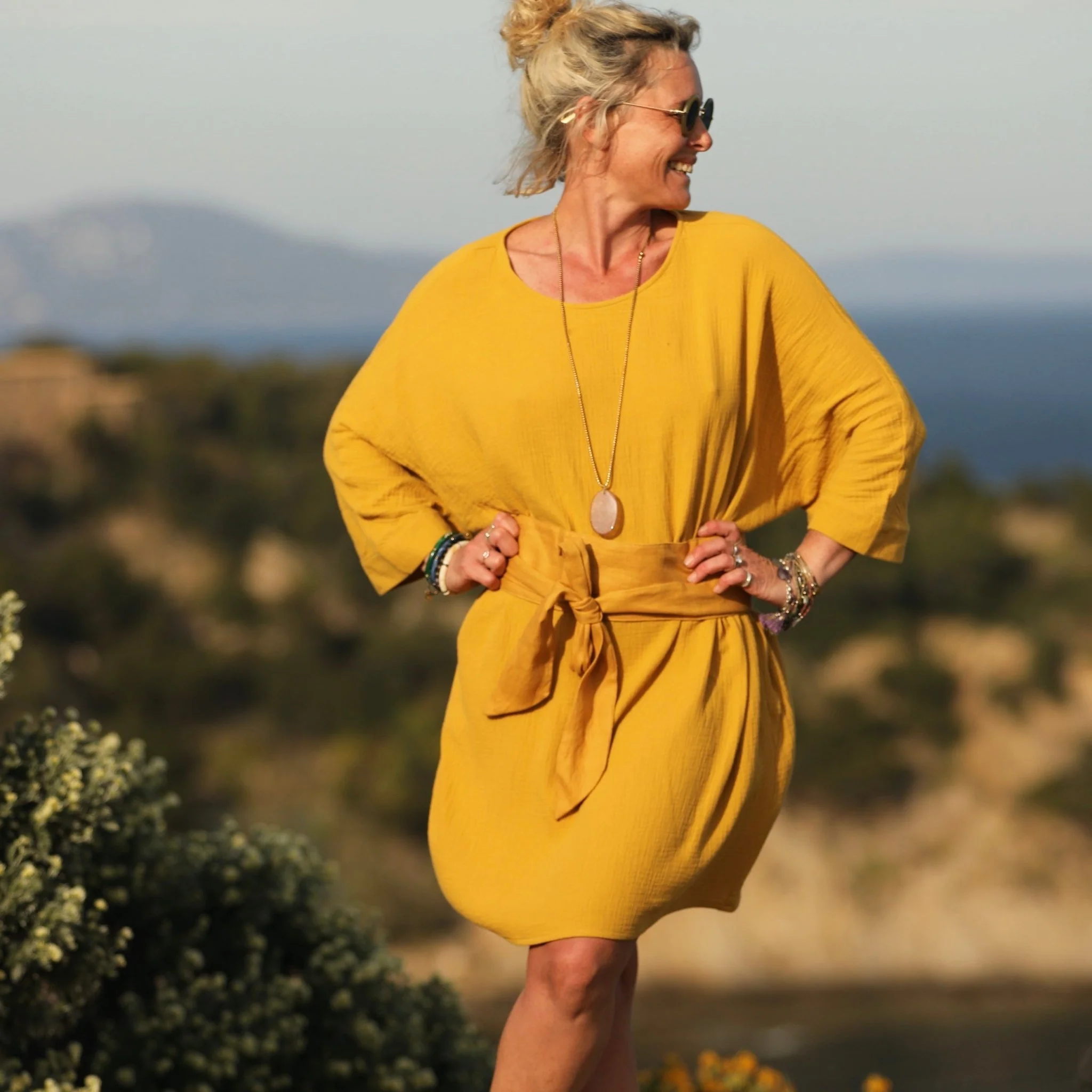 Robe Cassandre double gaze de coton ocre - Image 4