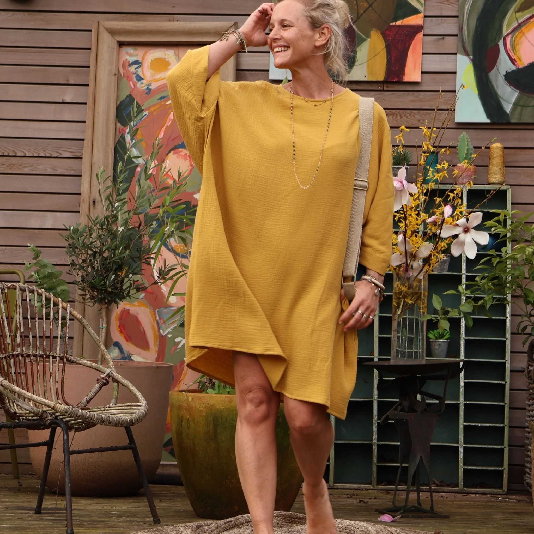 Robe Cassandre double gaze de coton ocre - Image 9