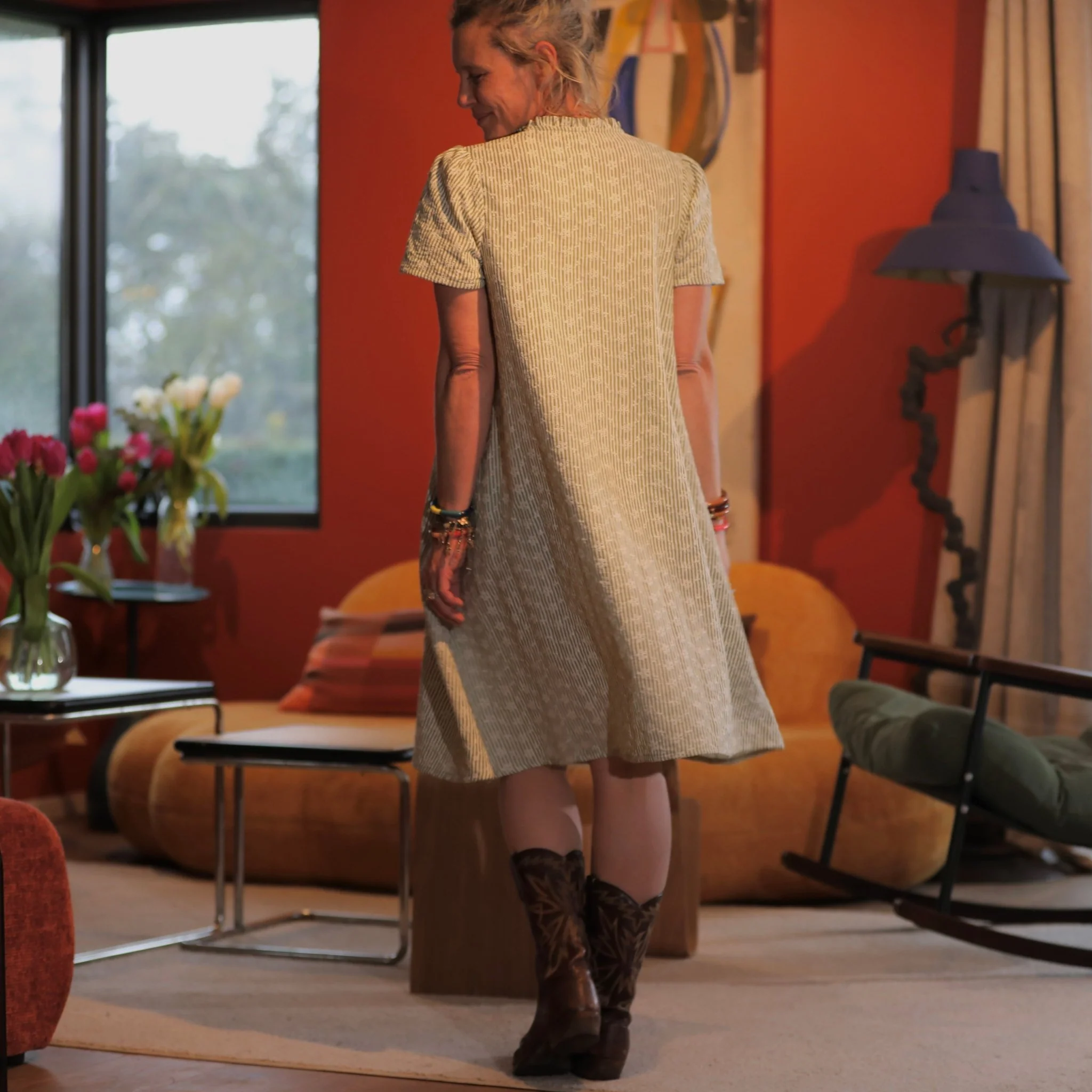 Robe Céleste - coton brodé rayé kaki - Image 5