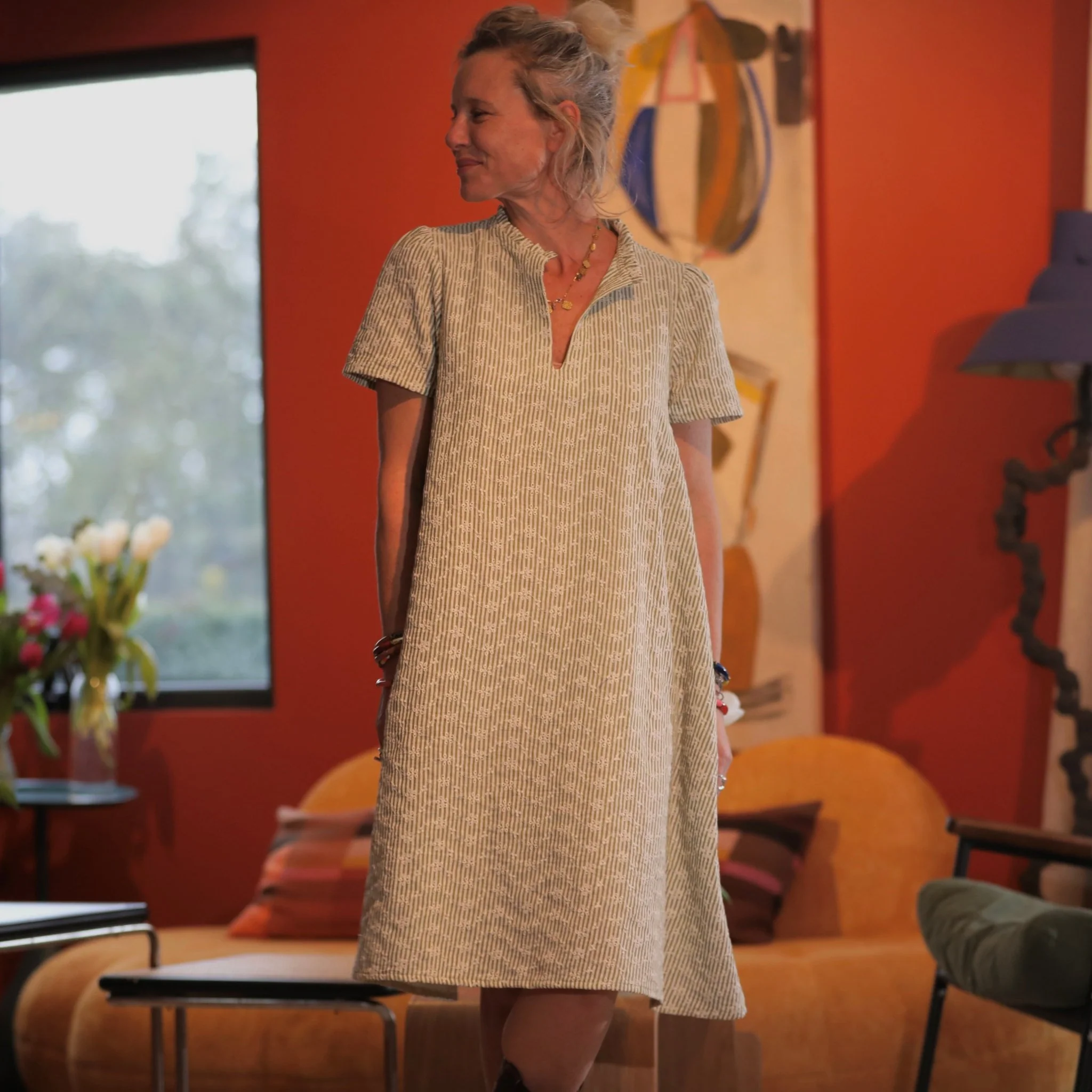 Robe Céleste - coton brodé rayé kaki - Image 7