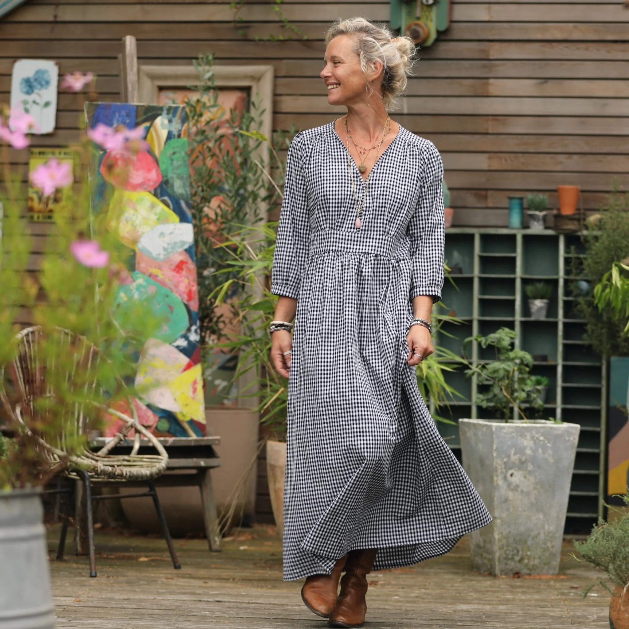 Robe Clara manches 3/4 - coton vichy noir/blanc