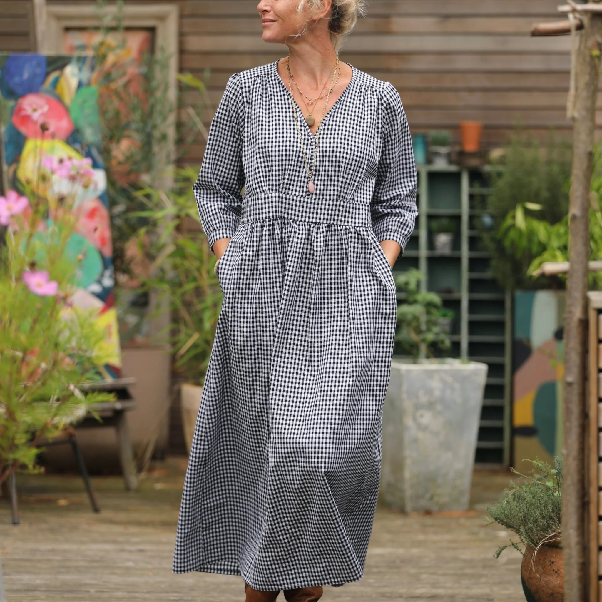 Robe Clara manches 3/4 - coton vichy noir/blanc - Image 8