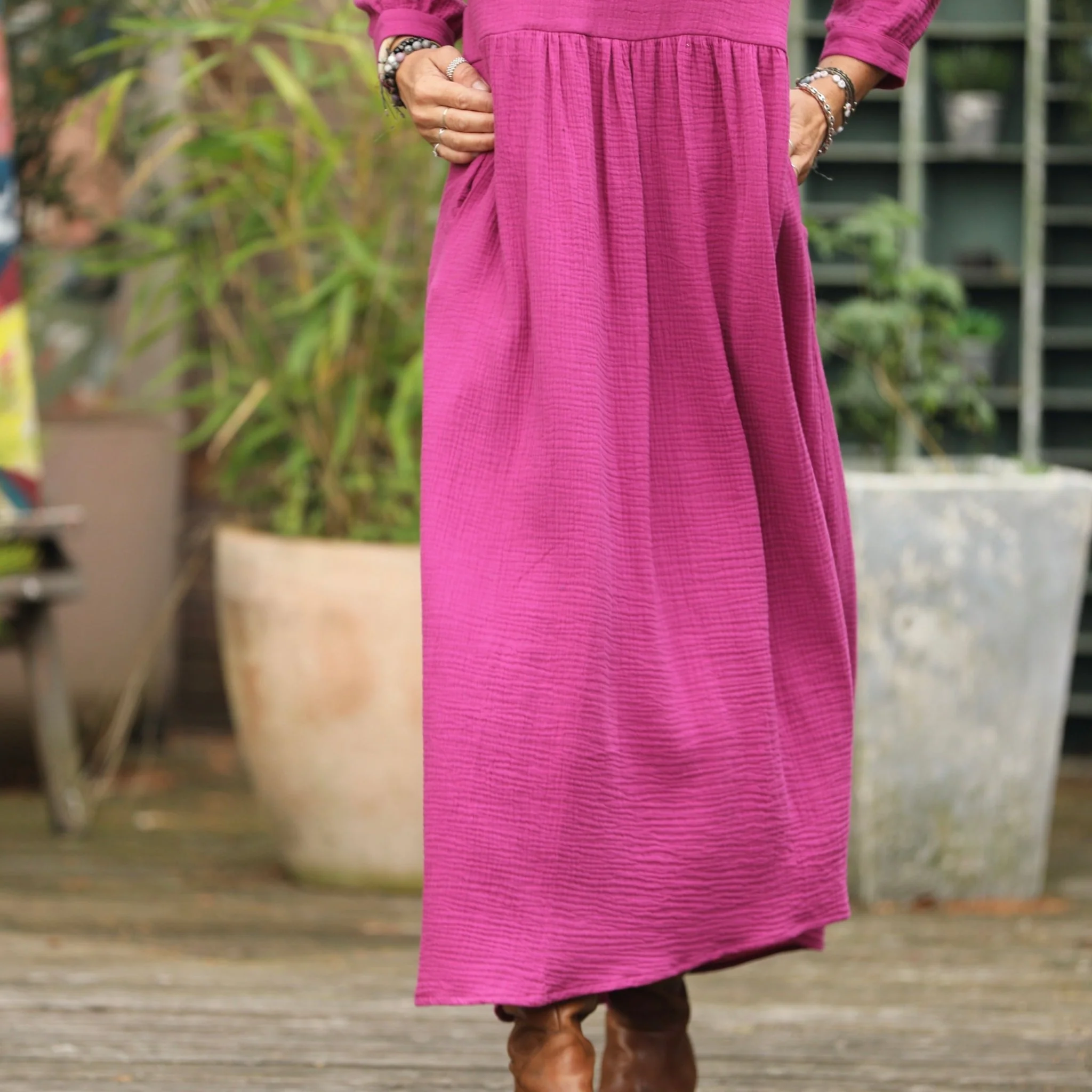 Robe Clara manches 3/4 - double gaze de coton bougainvillier - Image 3