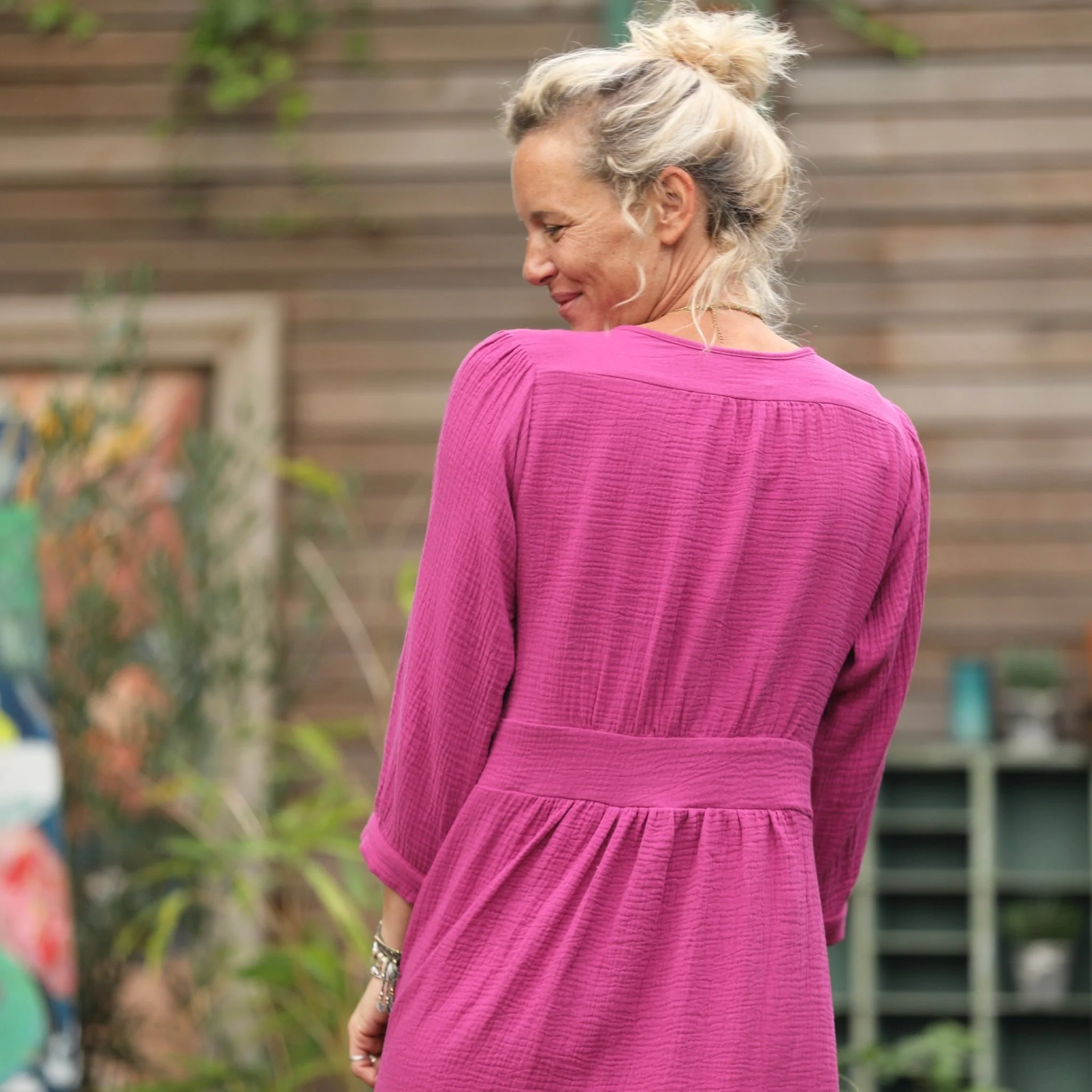 Robe Clara manches 3/4 - double gaze de coton bougainvillier - Image 4