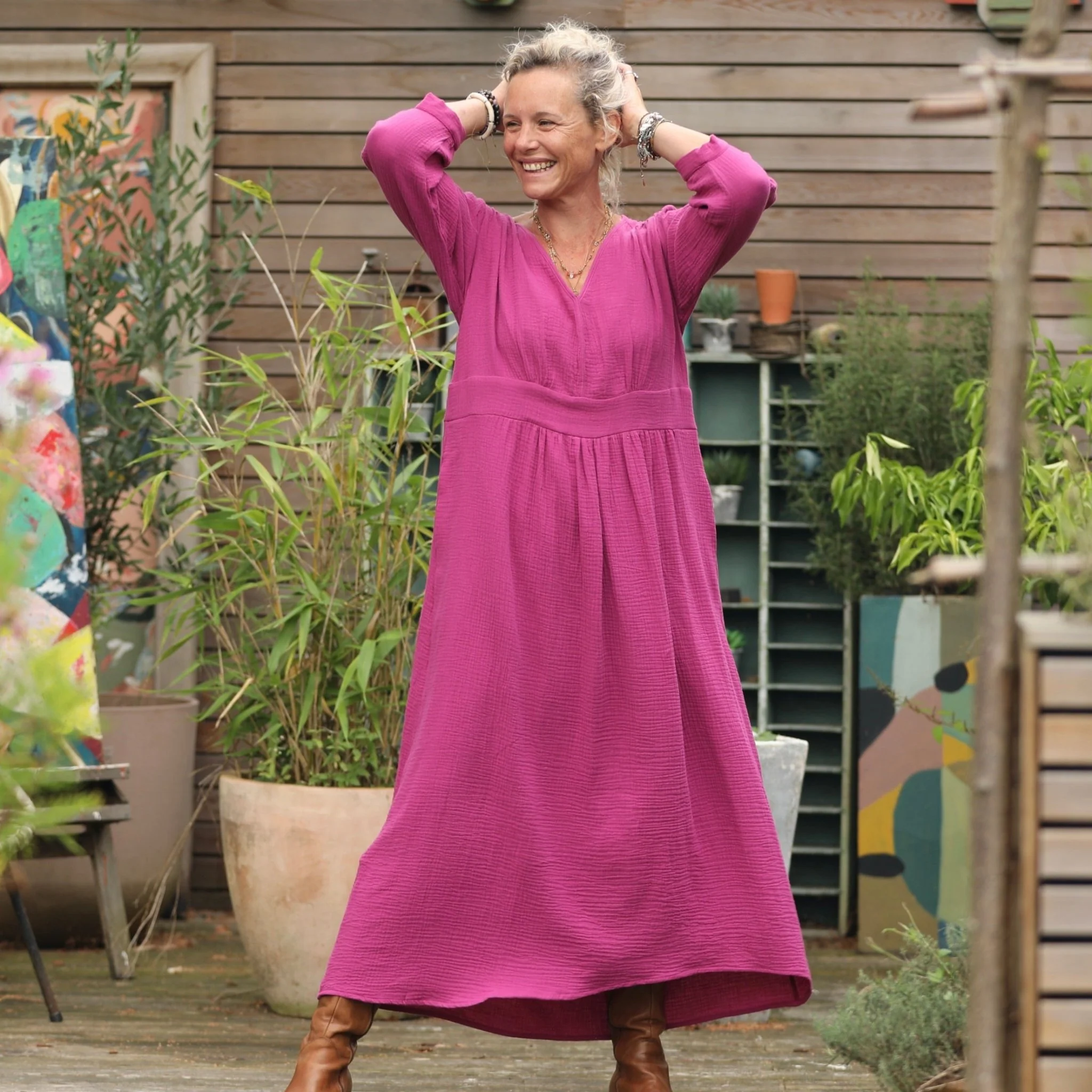 Robe Clara manches 3/4 - double gaze de coton bougainvillier - Image 5