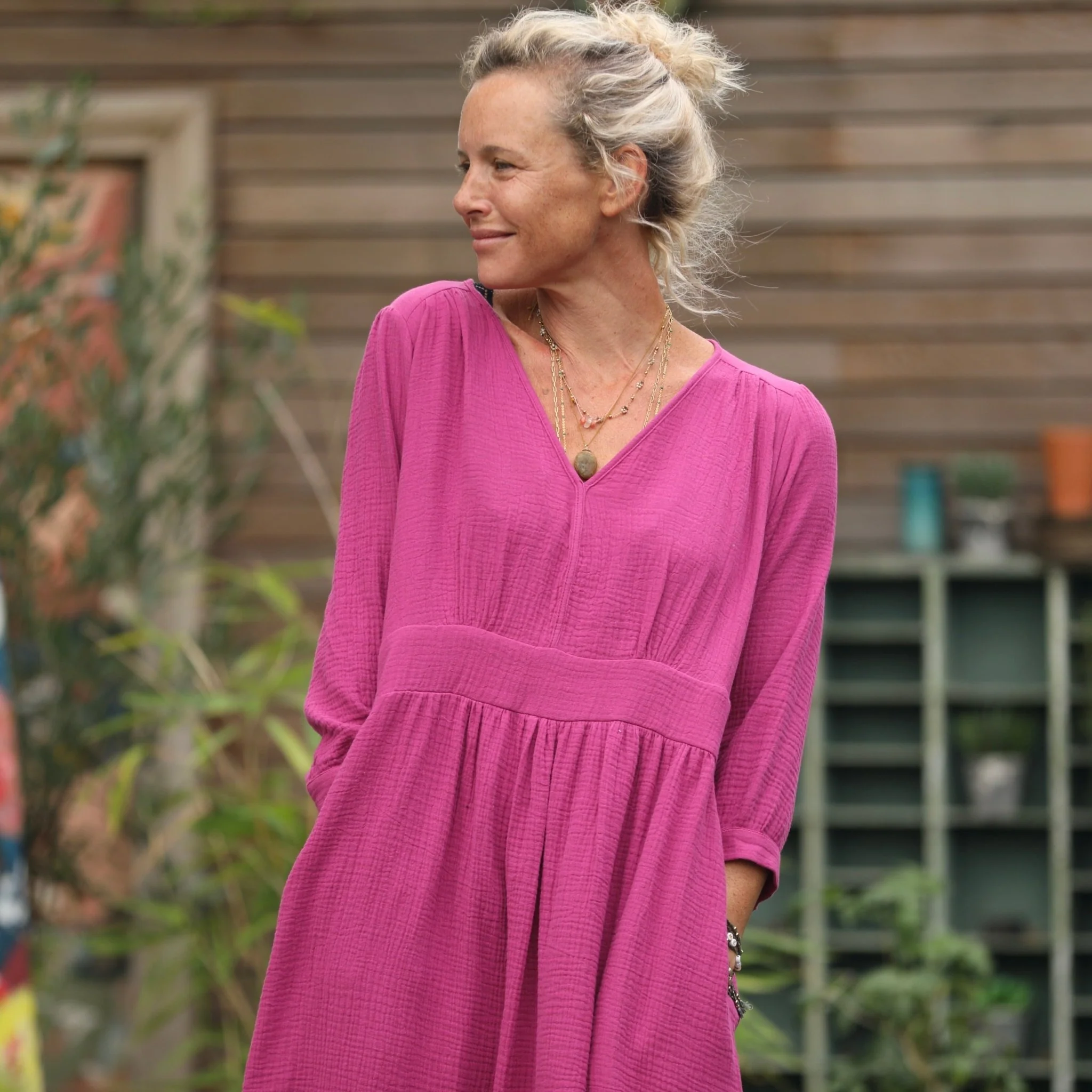Robe Clara manches 3/4 - double gaze de coton bougainvillier - Image 6