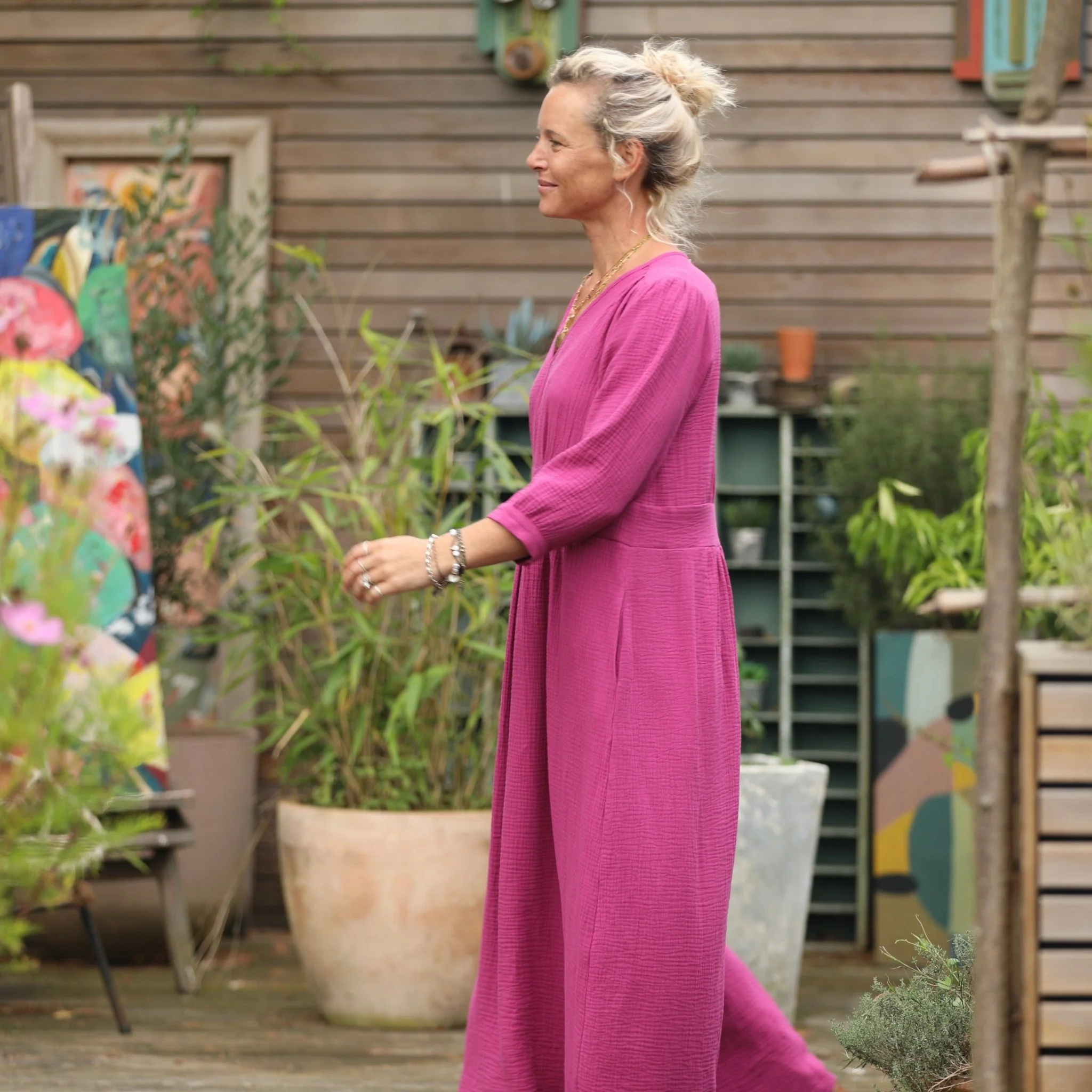 Robe Clara manches 3/4 - double gaze de coton bougainvillier - Image 7