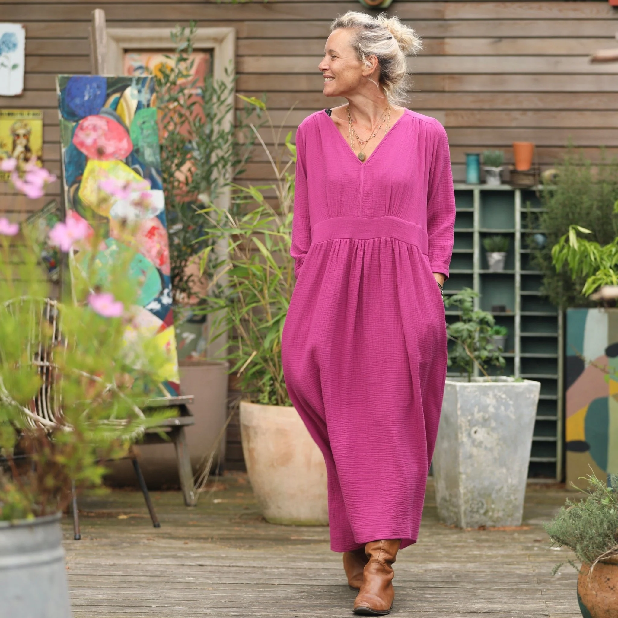 Robe Clara manches 3/4 - double gaze de coton bougainvillier - Image 9
