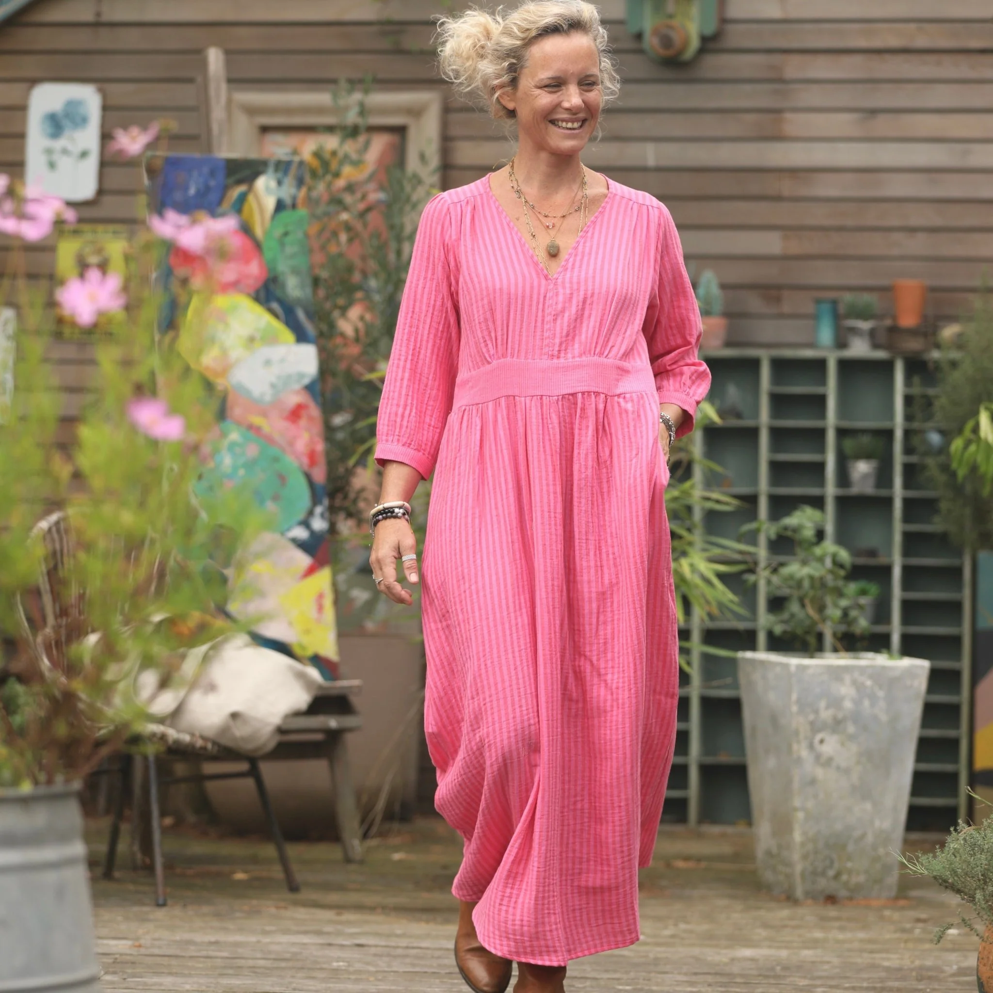 Robe Clara manches 3/4 - double gaze de coton rayée fushia - Image 10