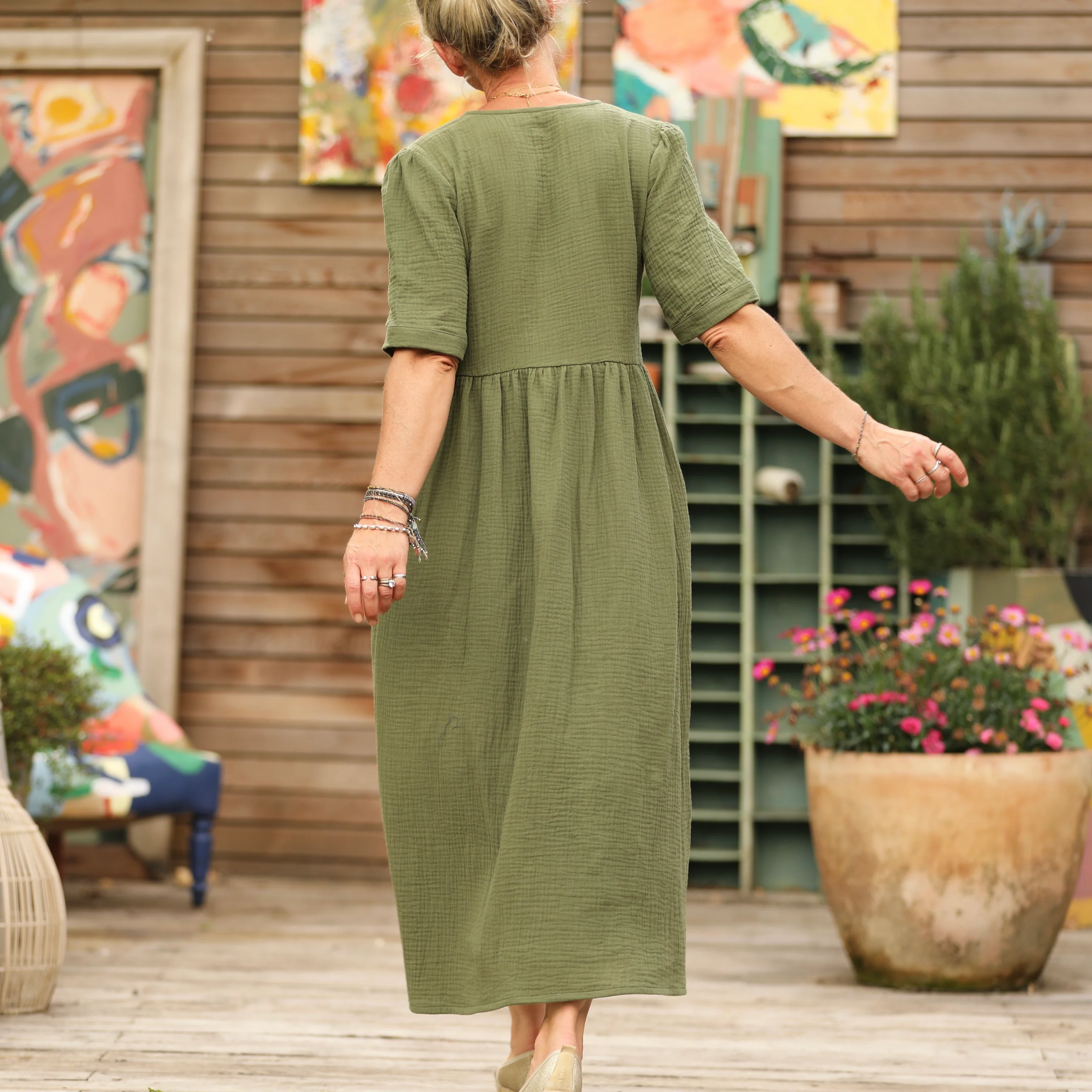 Robe Edonie - Double gaze de coton vert kaki - Image 2