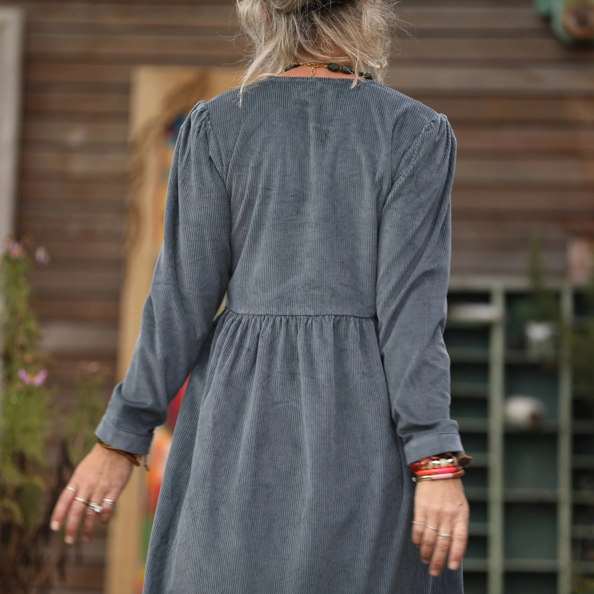 Robe Edonie manches longues - Velours côtelé bleu grisé - Image 4