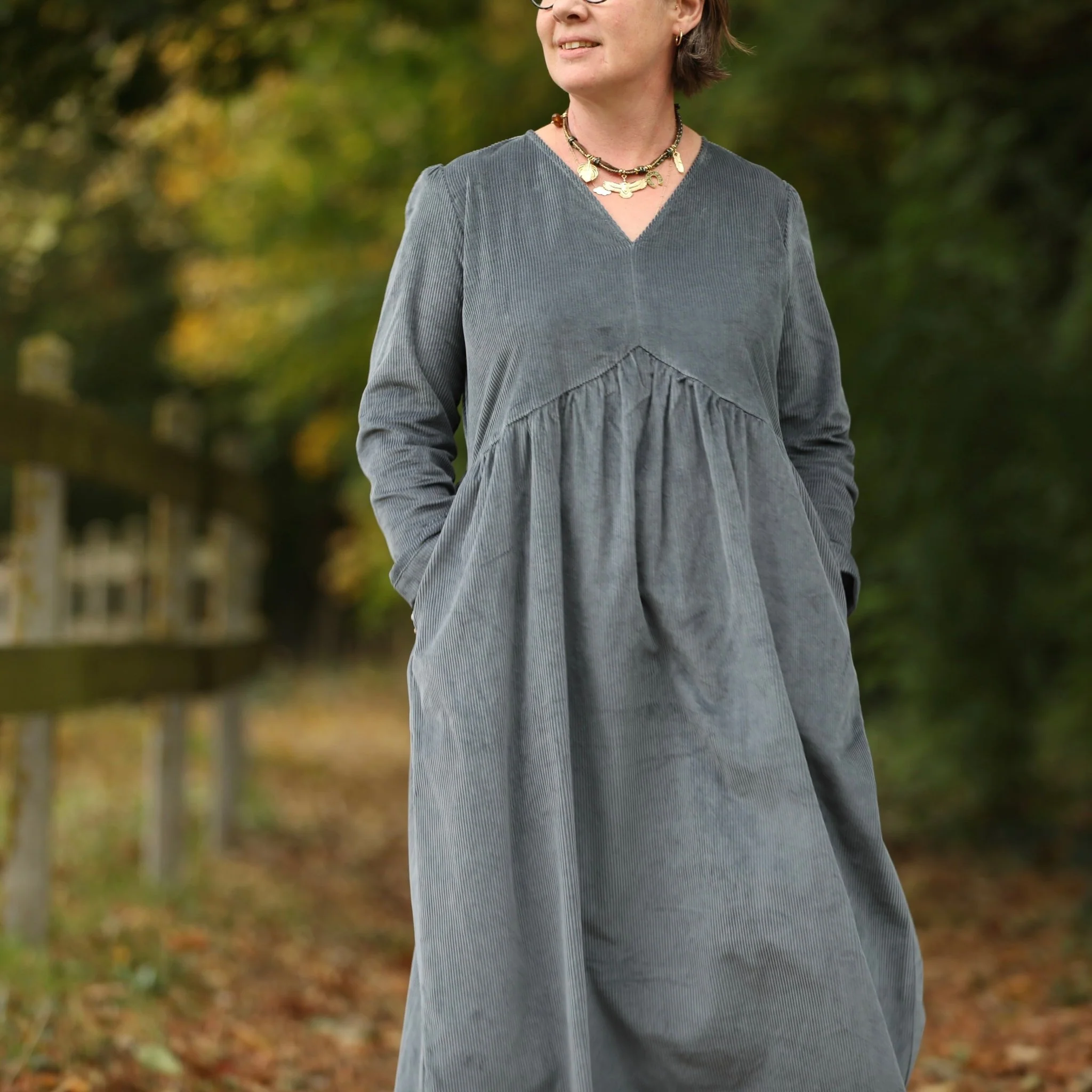 Robe Edonie manches longues - Velours côtelé bleu grisé - Image 8