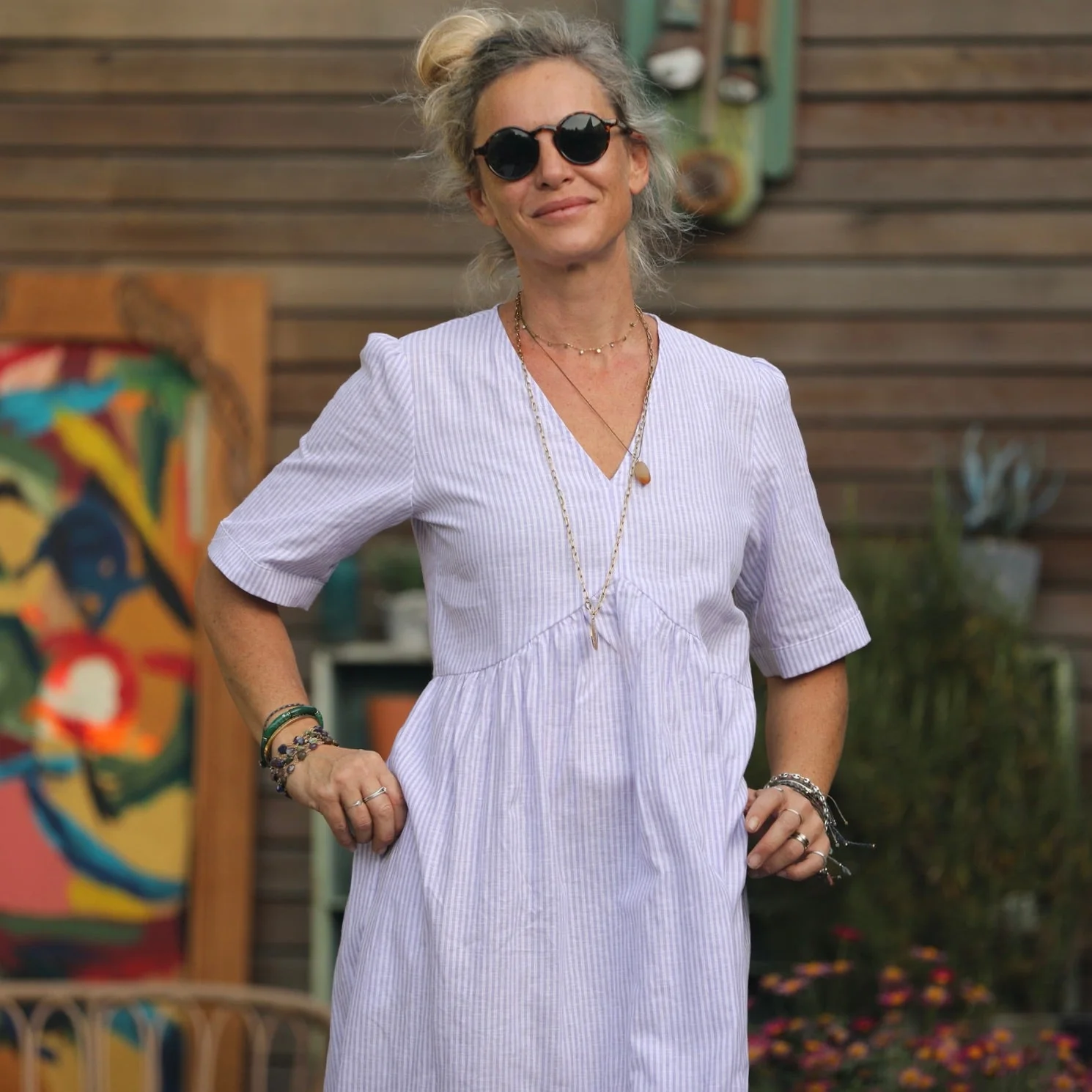 Robe Edonie - rayure lin/coton parme - Image 6