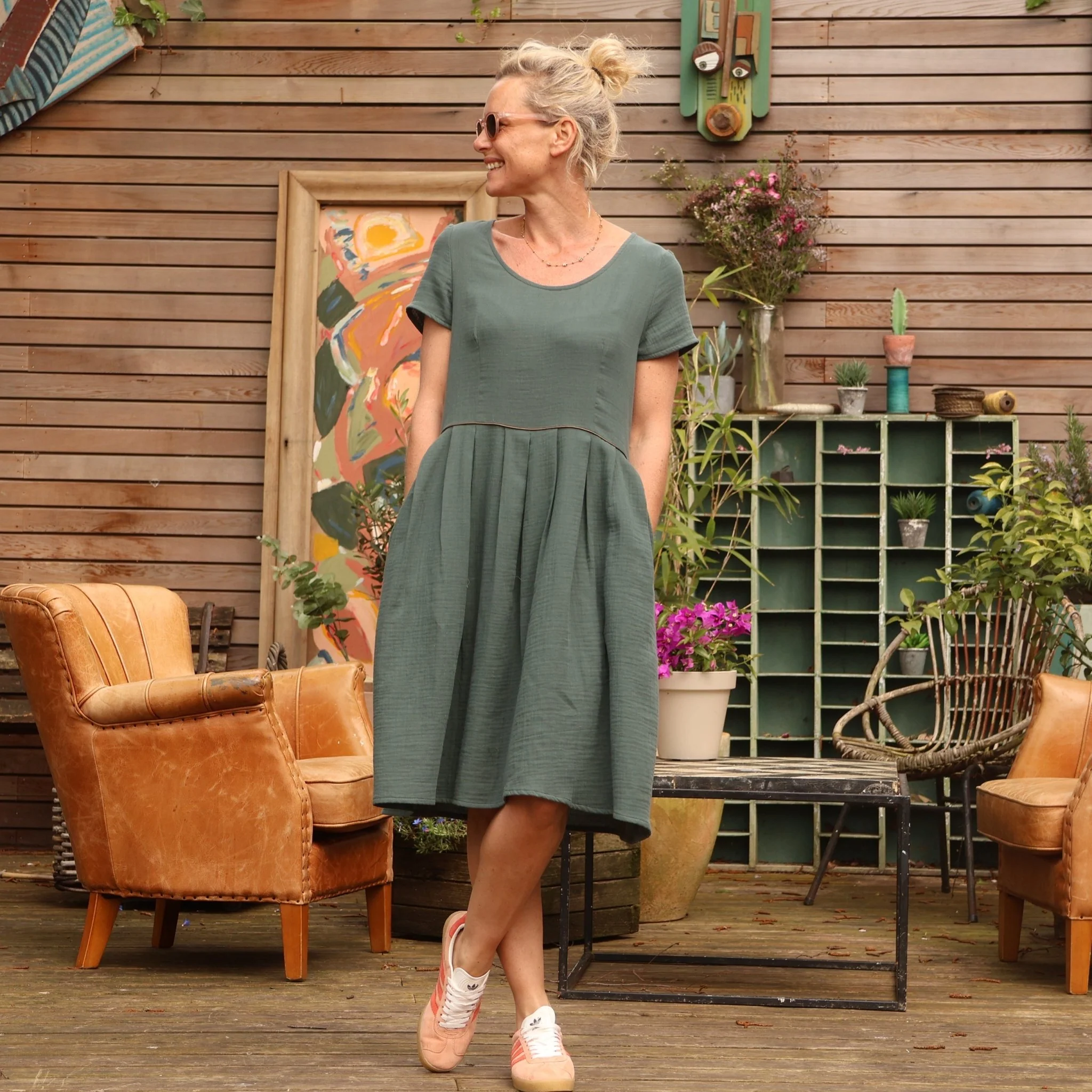 Robe Emmy en double gaze vert eucalyptus