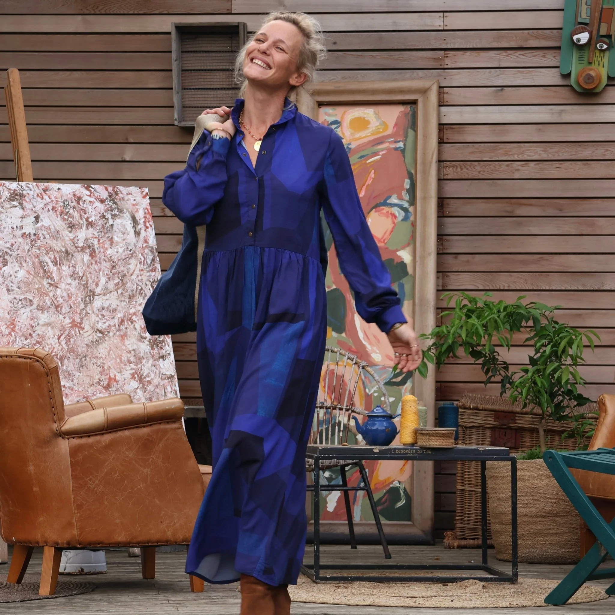 Robe Pomme -  Viscose géométrique indigo