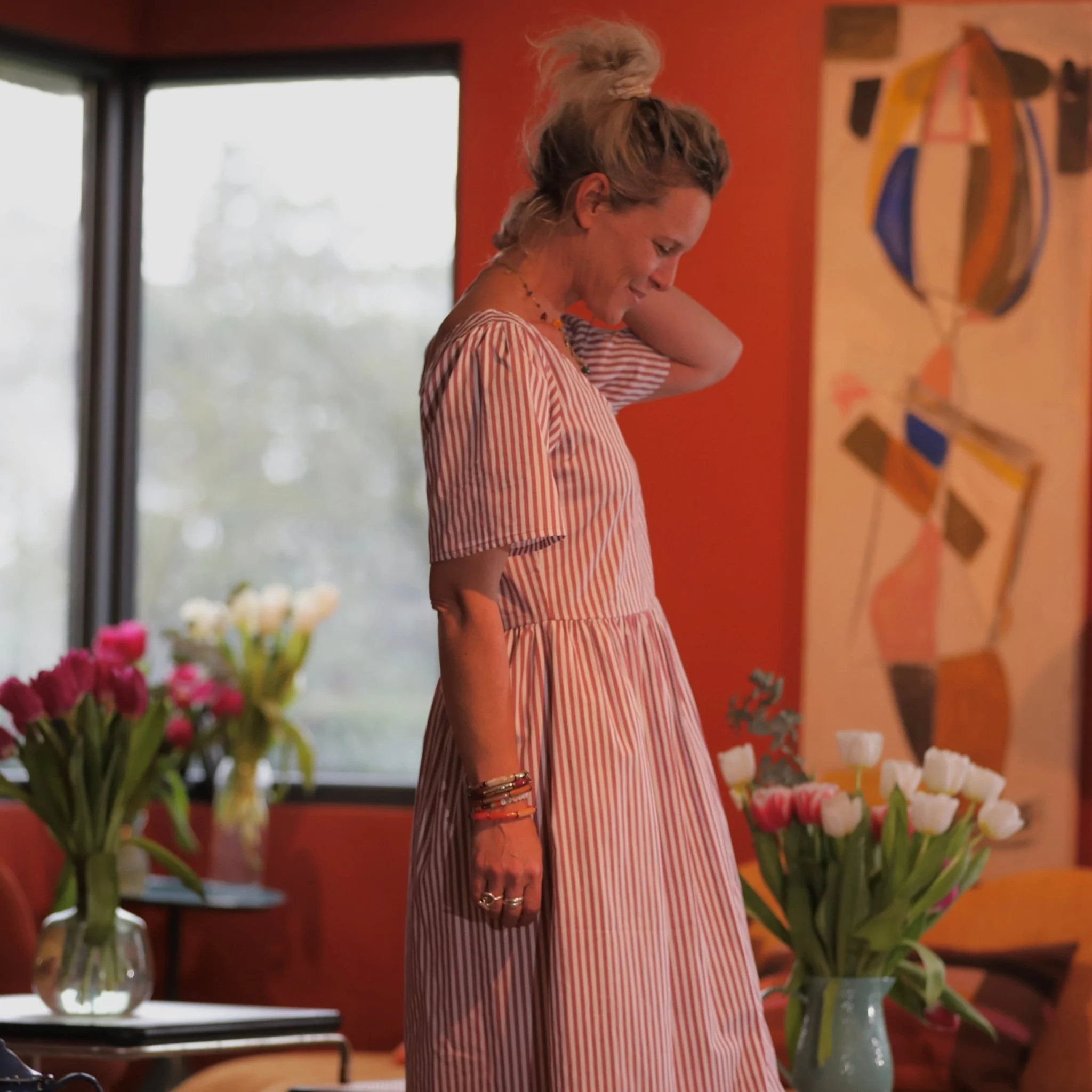Robe Gwenaëlle - coton rayé framboise