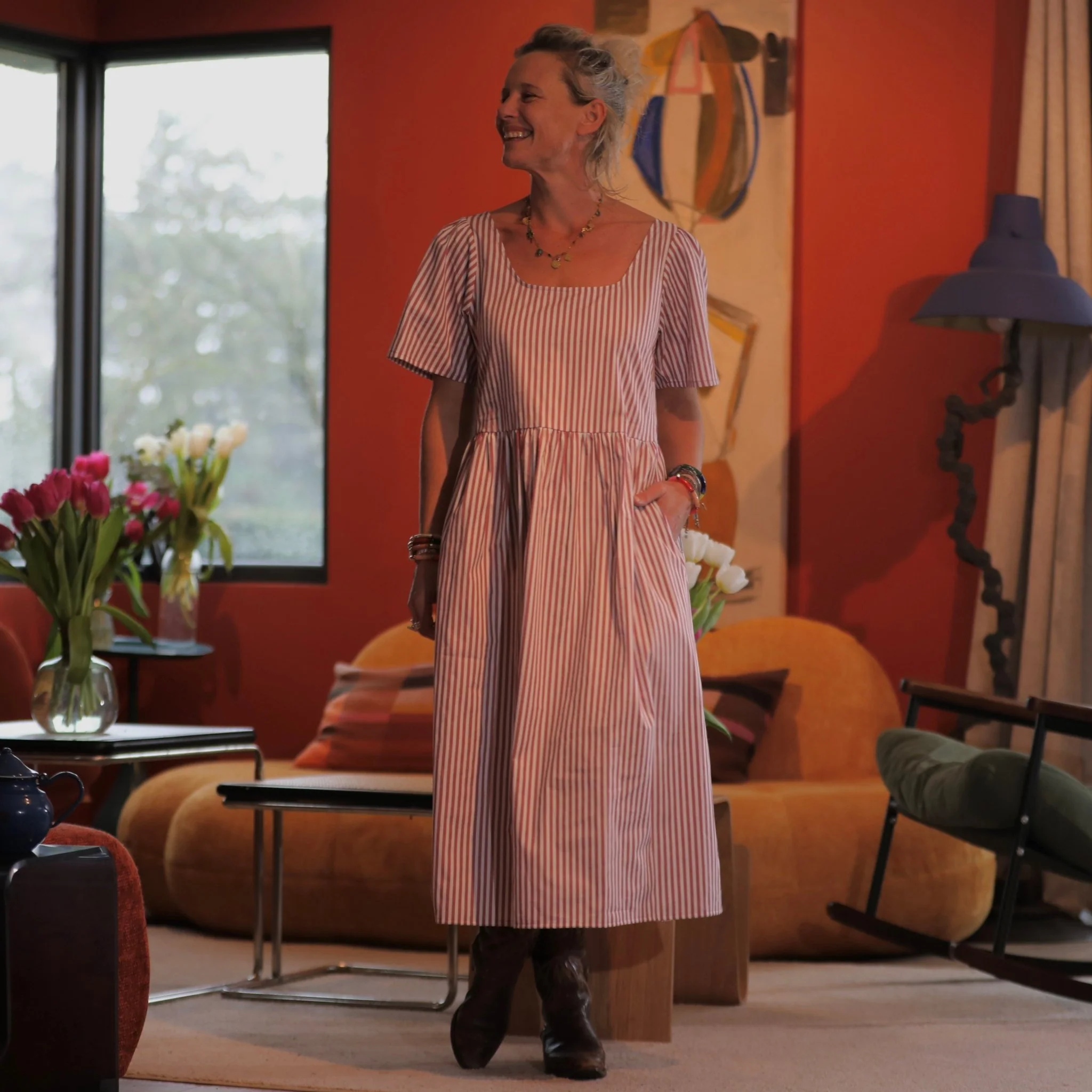 Robe Gwenaëlle - coton rayé framboise - Image 4