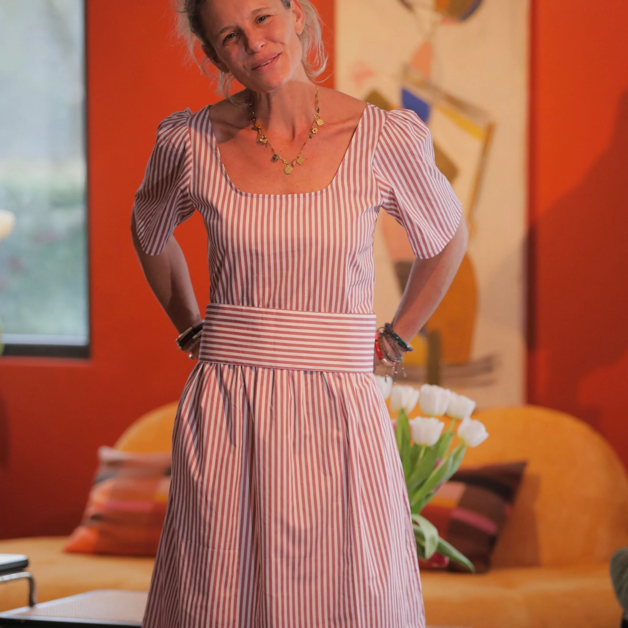 Robe Gwenaëlle - coton rayé framboise - Image 5