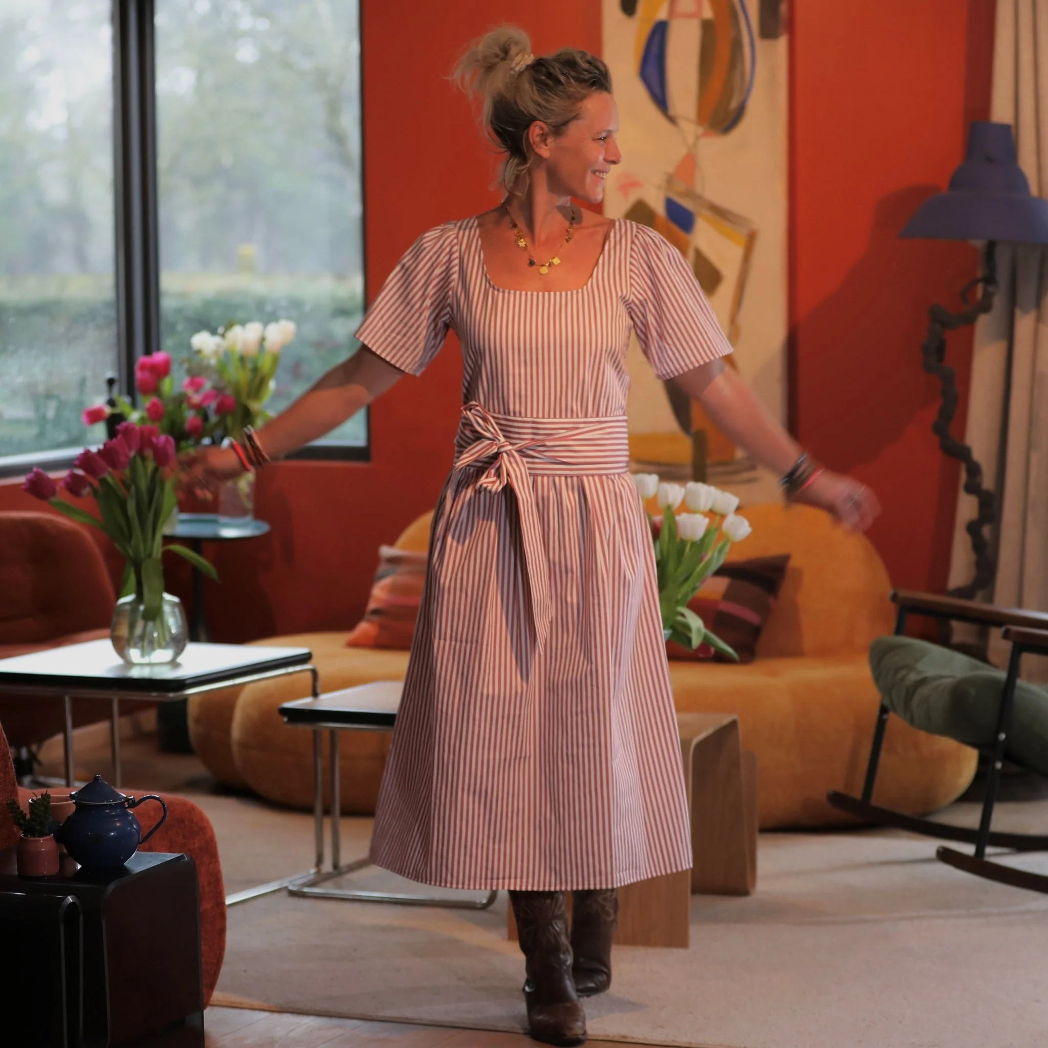 Robe Gwenaëlle - coton rayé framboise - Image 6
