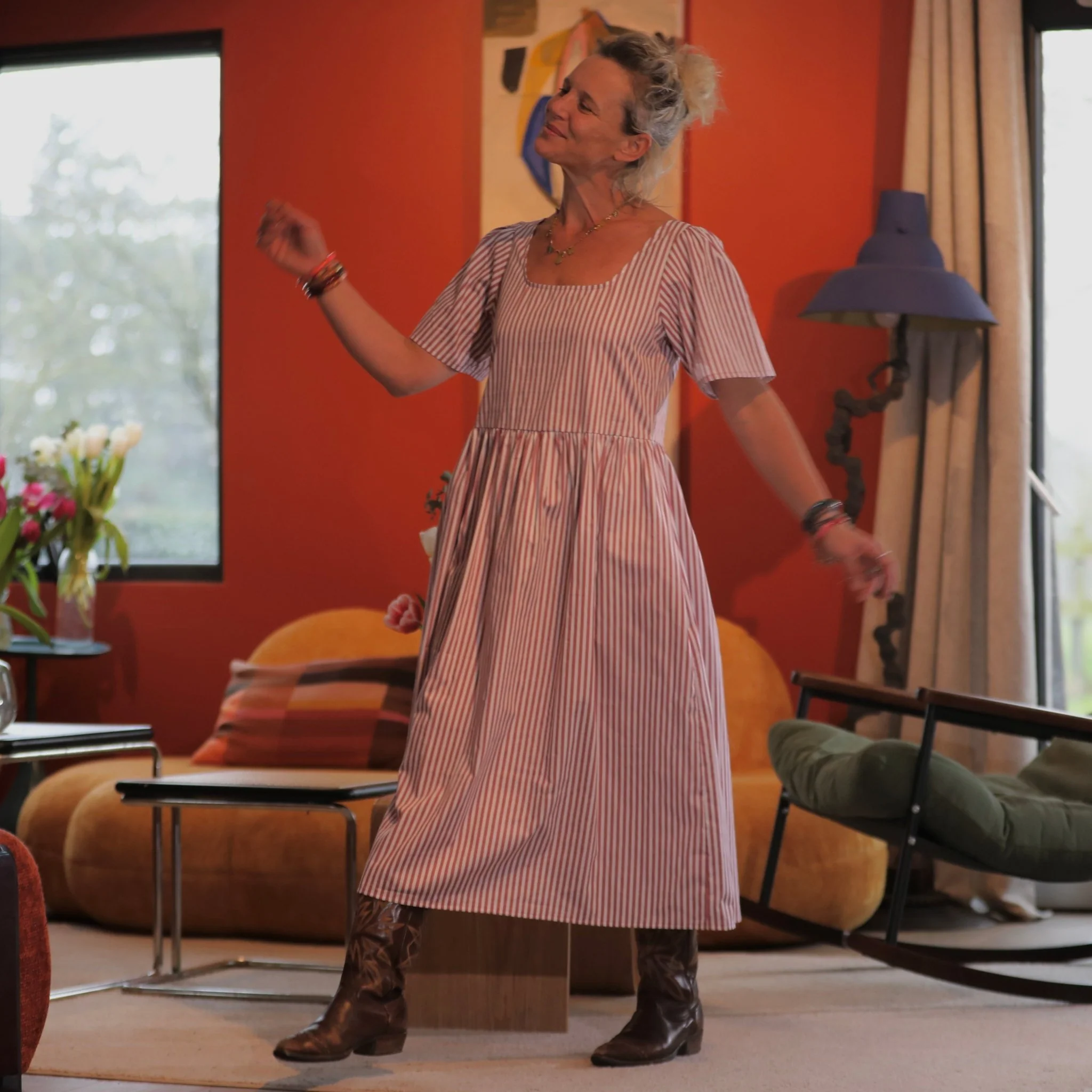 Robe Gwenaëlle - coton rayé framboise - Image 7
