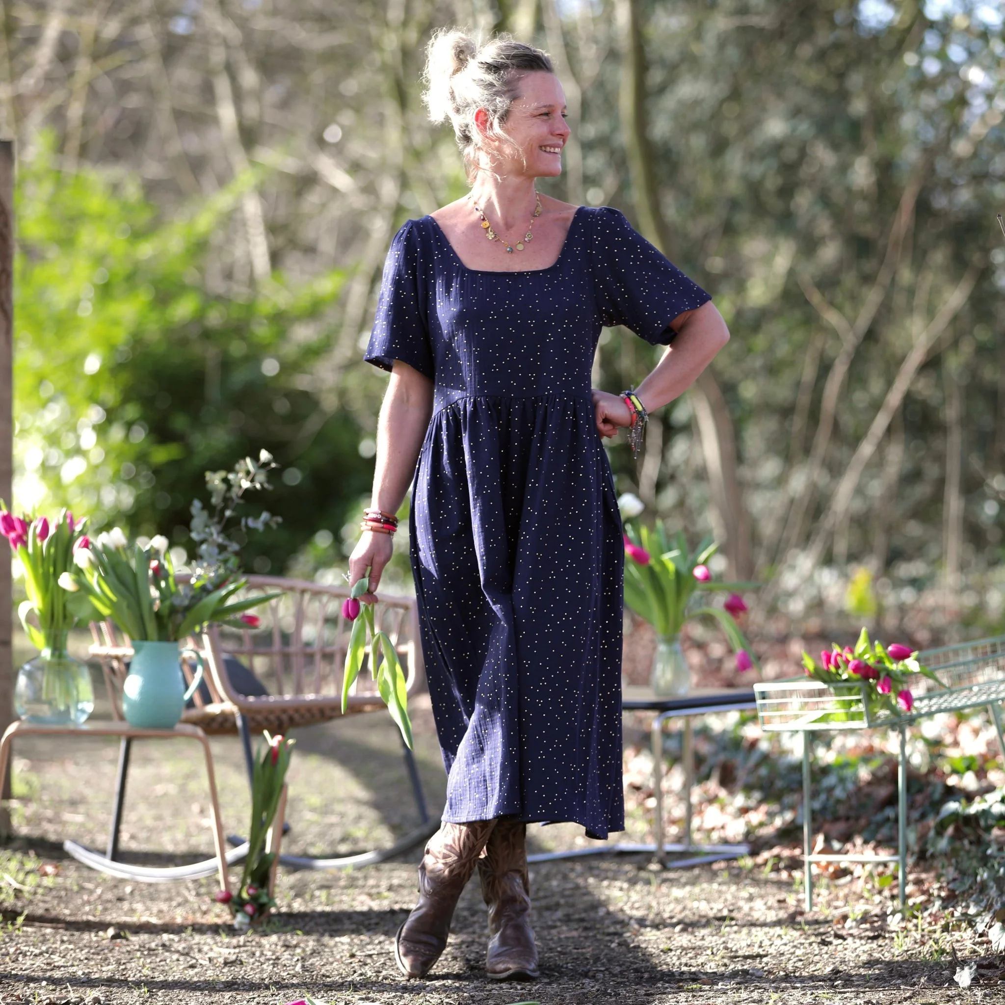 Robe Gwenaëlle - Double gaze de coton bleu nuit plumetis or