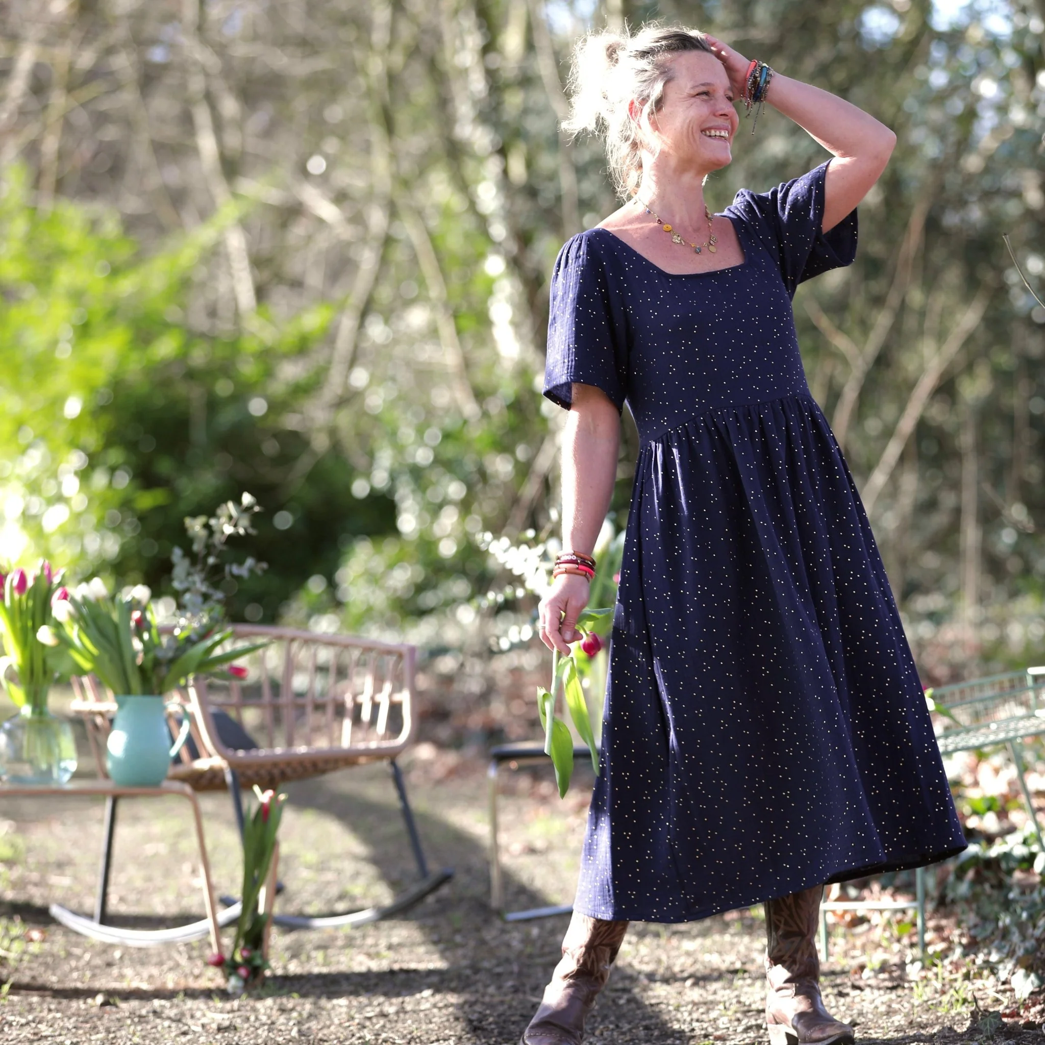 Robe Gwenaëlle - Double gaze de coton bleu nuit plumetis or - Image 11