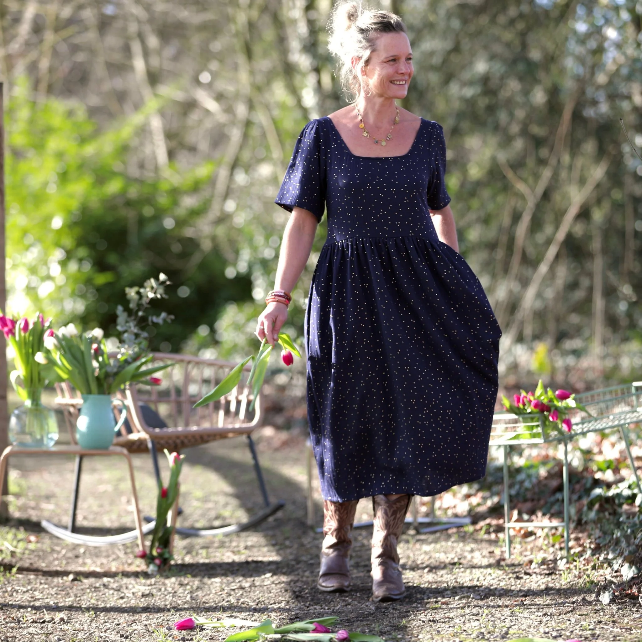 Robe Gwenaëlle - Double gaze de coton bleu nuit plumetis or - Image 4