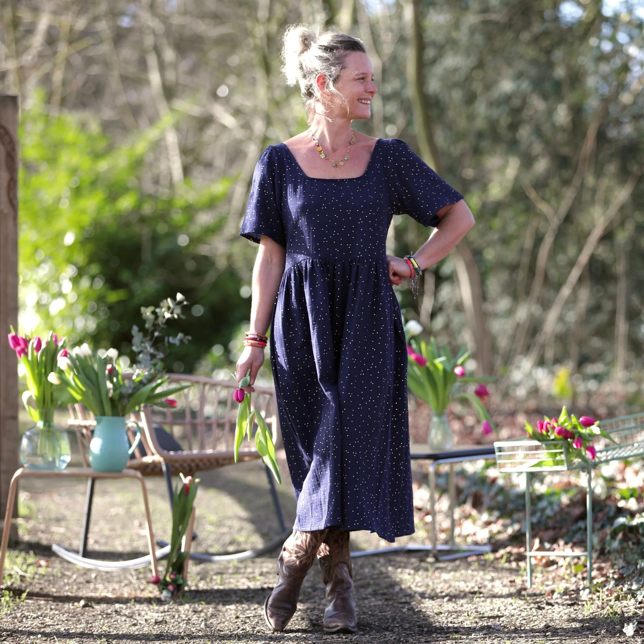 Robe Gwenaëlle - Double gaze de coton bleu nuit plumetis or - Image 5
