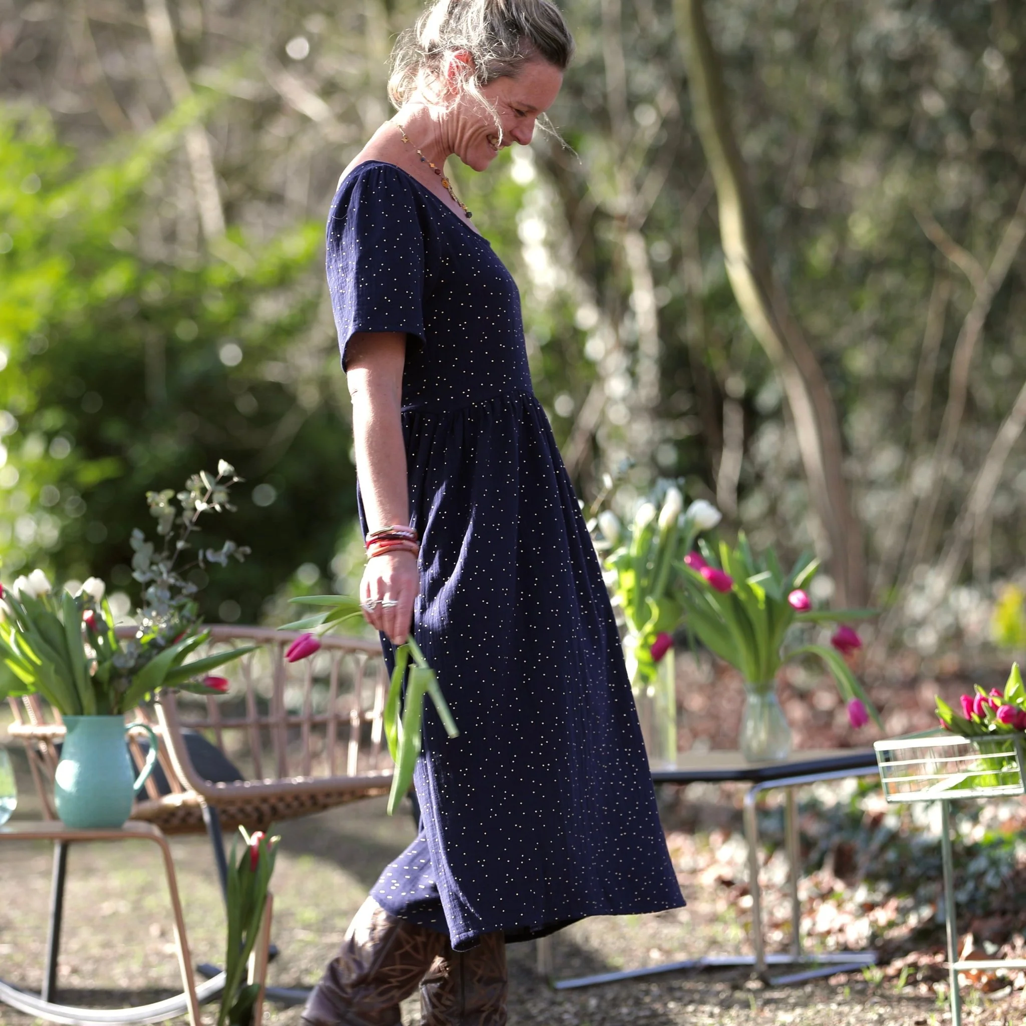 Robe Gwenaëlle - Double gaze de coton bleu nuit plumetis or - Image 7