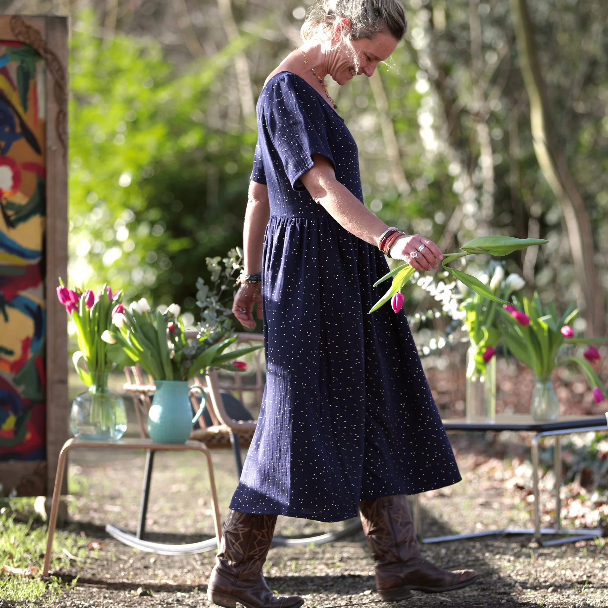 Robe Gwenaëlle - Double gaze de coton bleu nuit plumetis or - Image 8