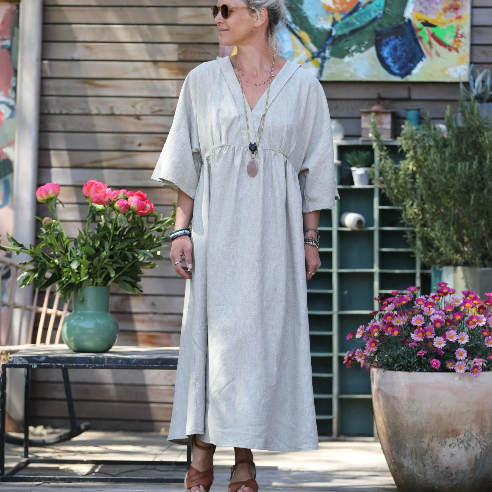 Robe Kalaya - chevron lin/coton kaki-ivoire
