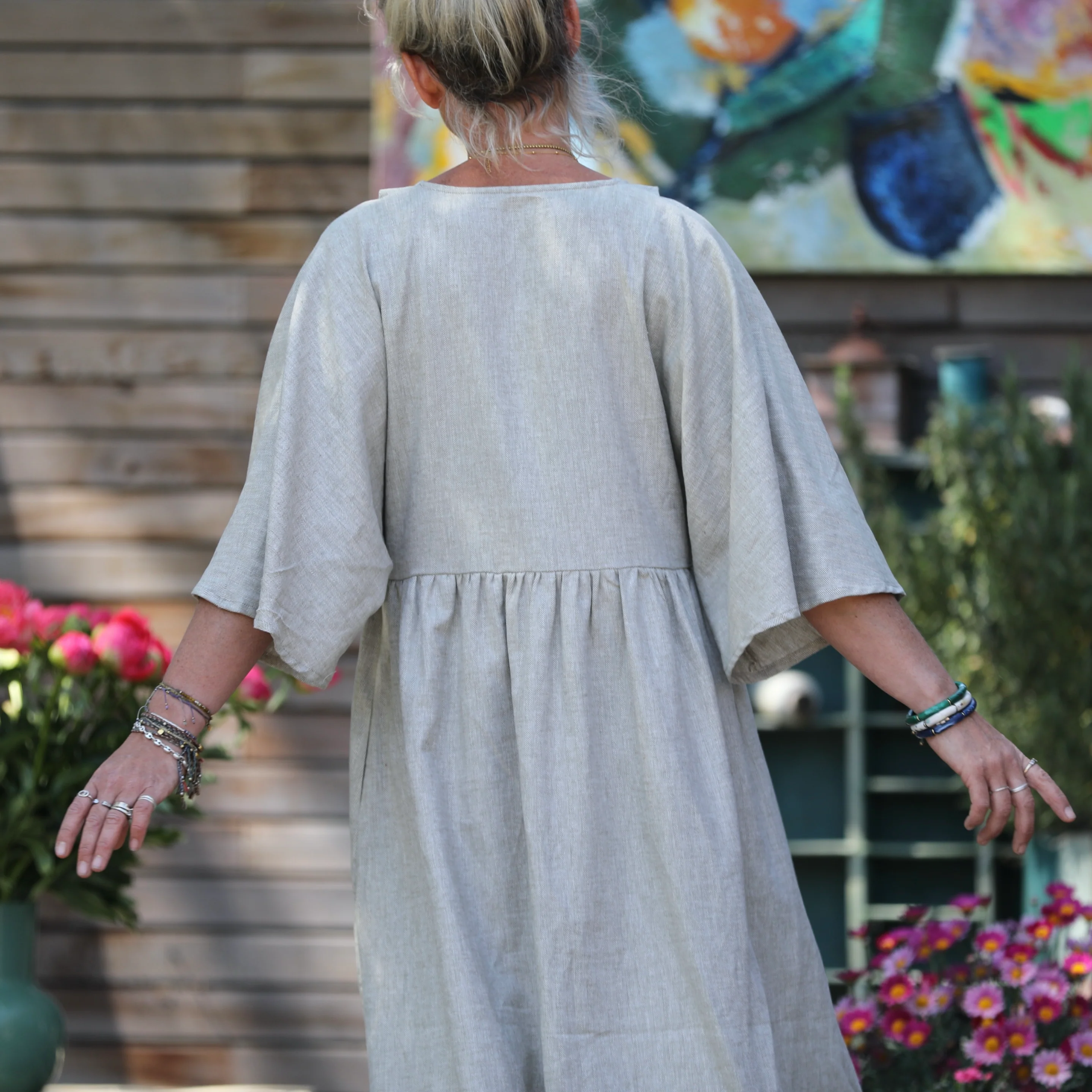 Robe Kalaya - chevron lin/coton kaki-ivoire - Image 3