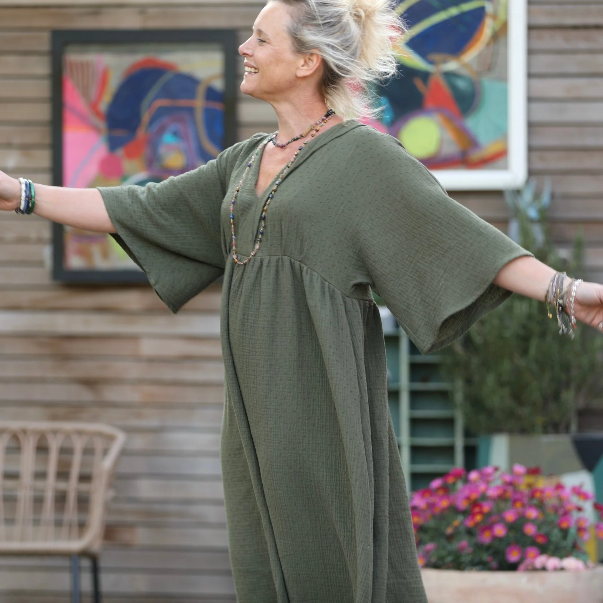Robe Kalaya - double gaze de coton plumetis vert kaki - Image 5