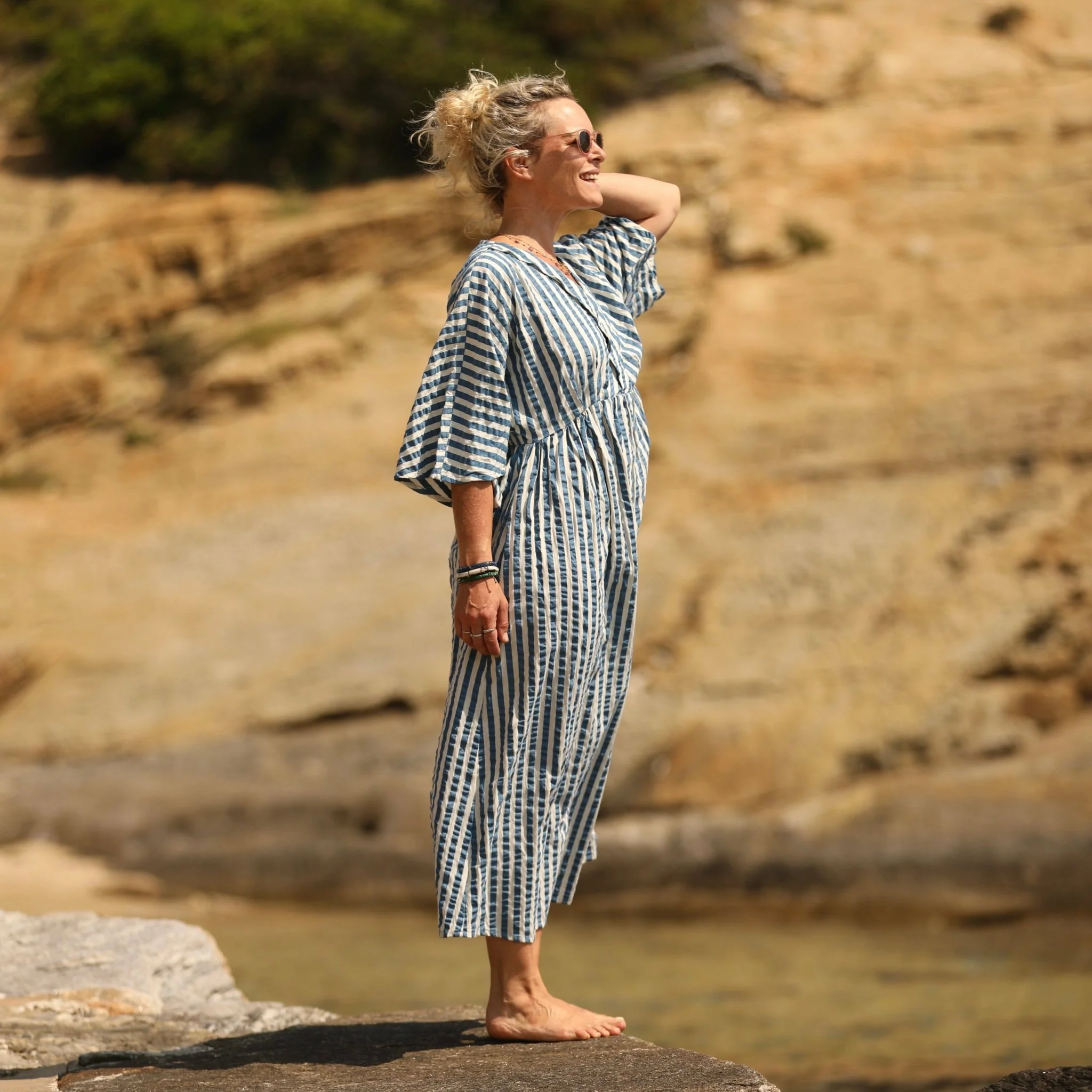 Robe Kalaya - seersucker de coton rayé bleu - Image 4