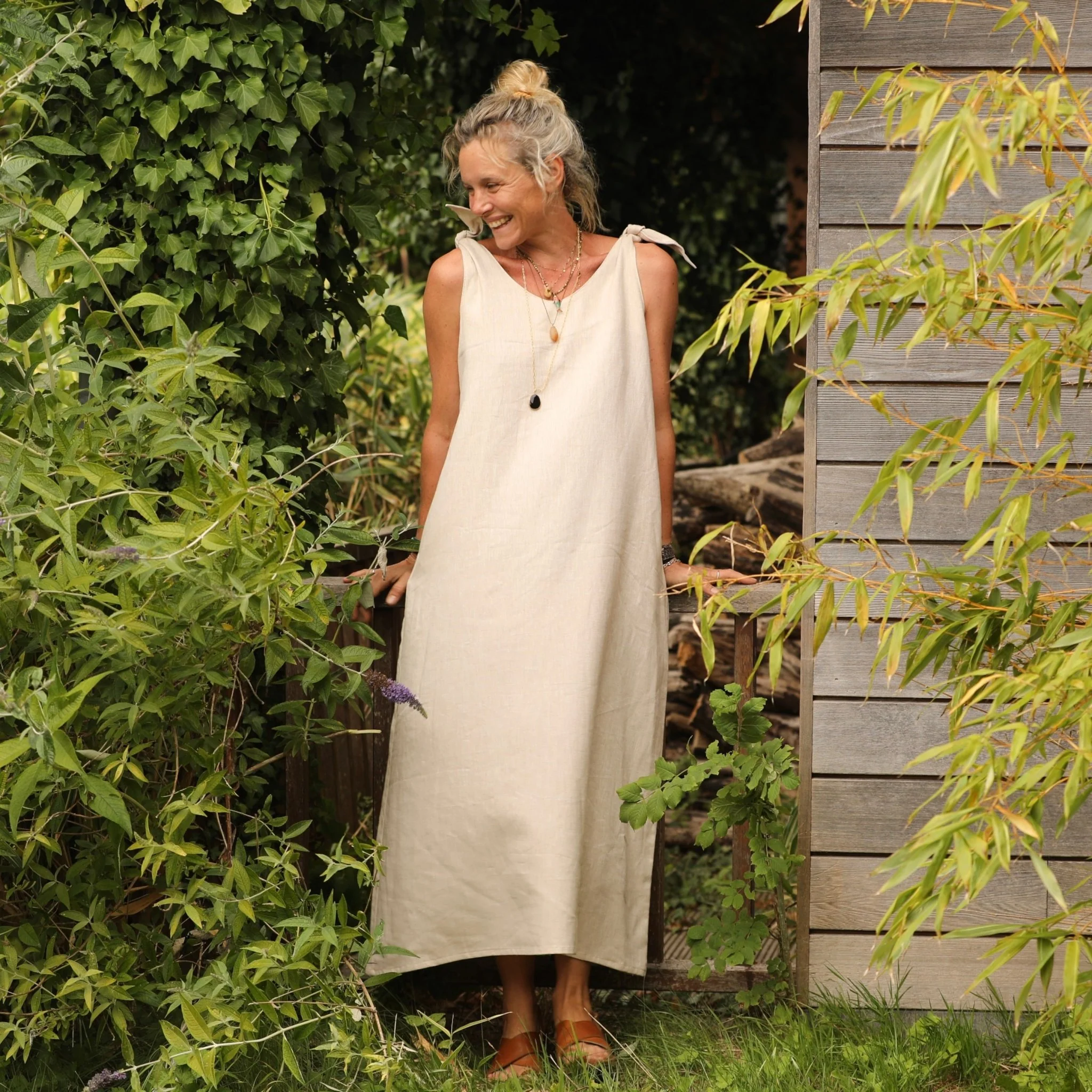 Robe Laëtitia - chevron lin/coton ficelle-ivoire