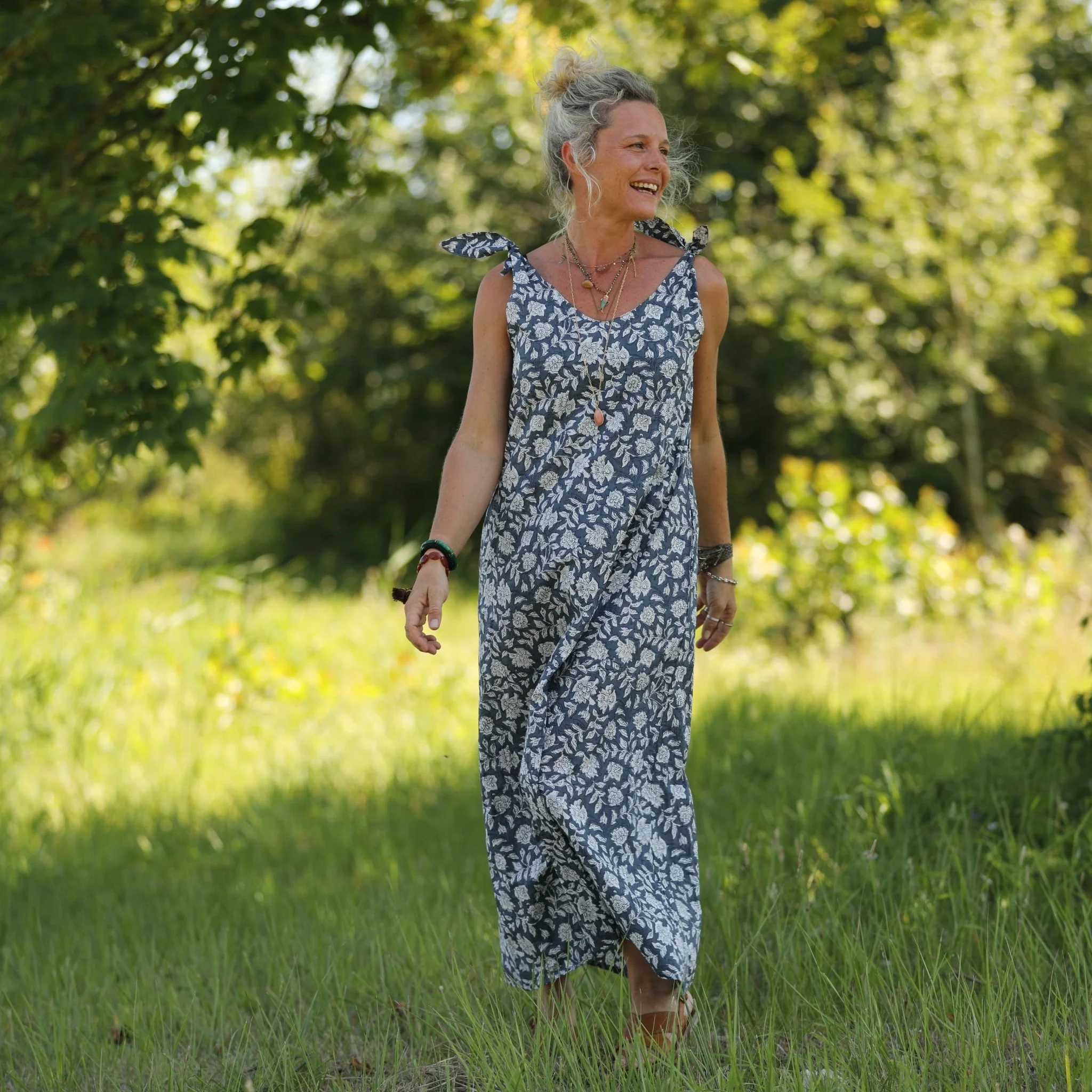 Robe Laëtitia - voile de coton fleuri ardoise