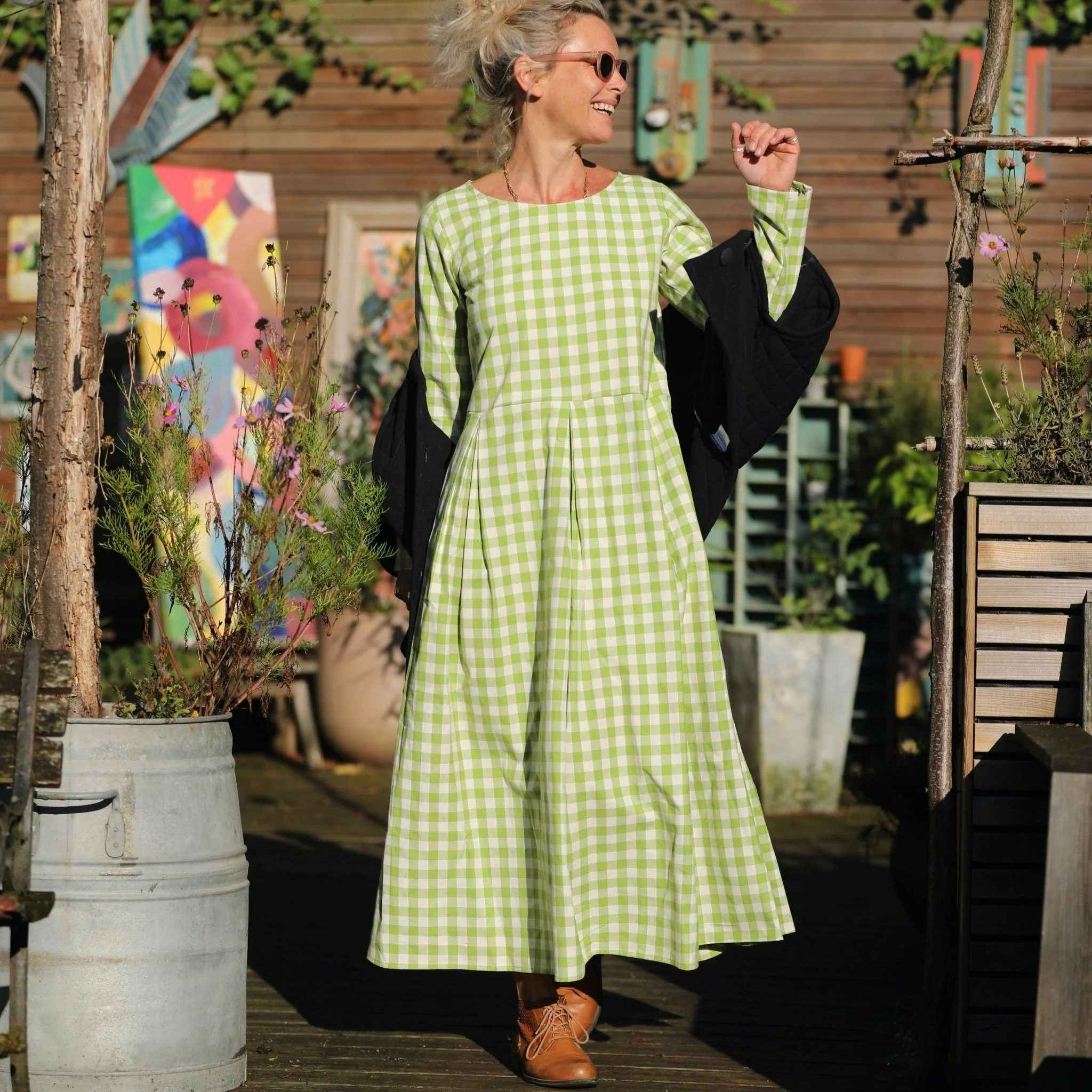 Robe Louisa - carreaux de coton vert anis - Image 9