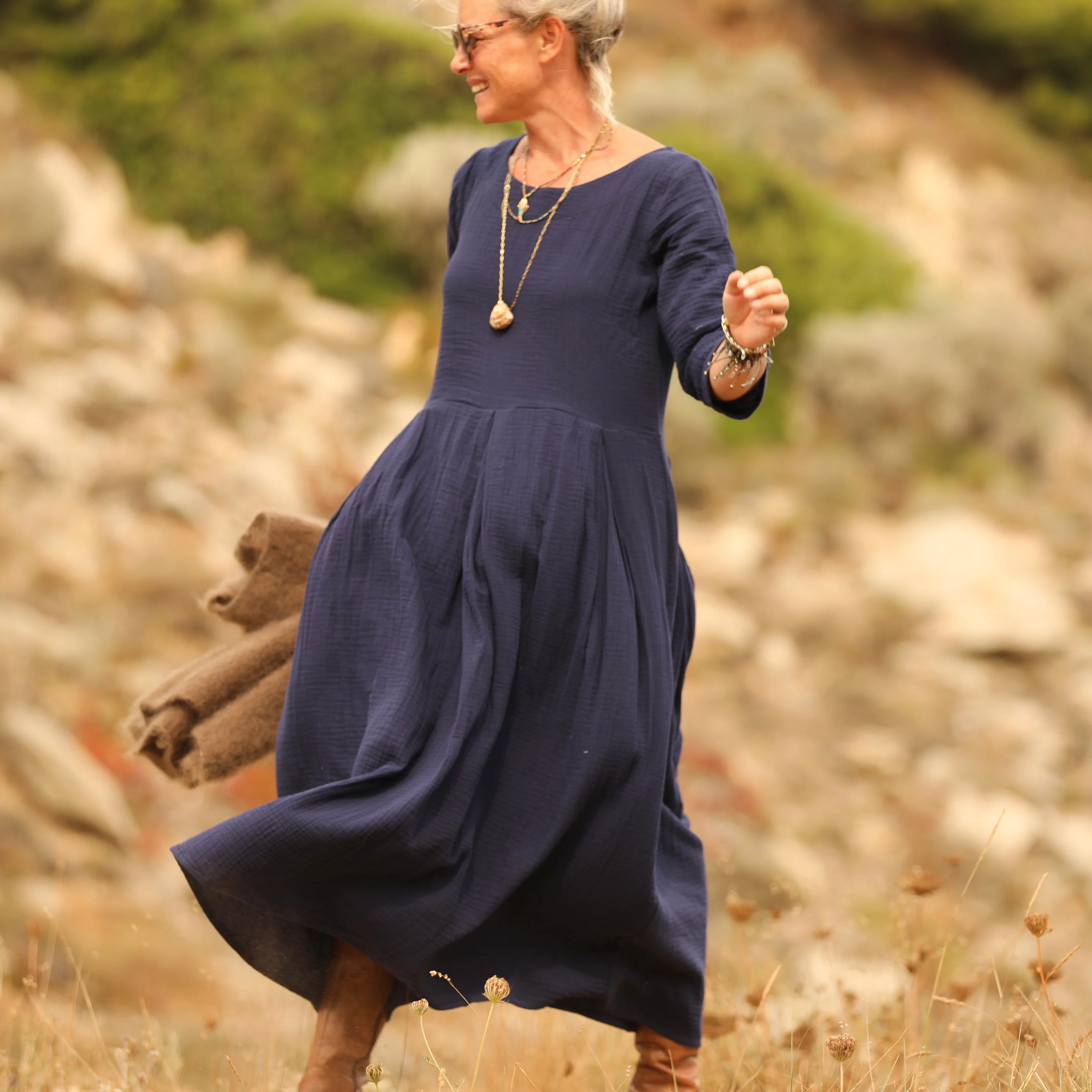 Robe Louisa double gaze de coton bleu nuit