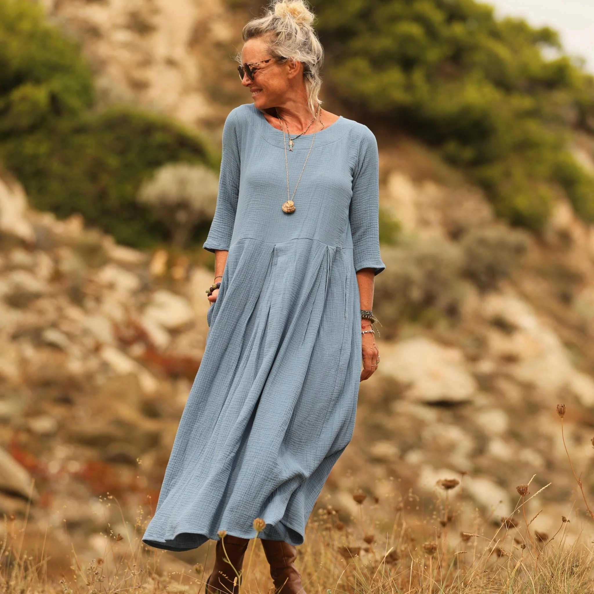 Robe Louisa double gaze de coton bleu navy - Image 3