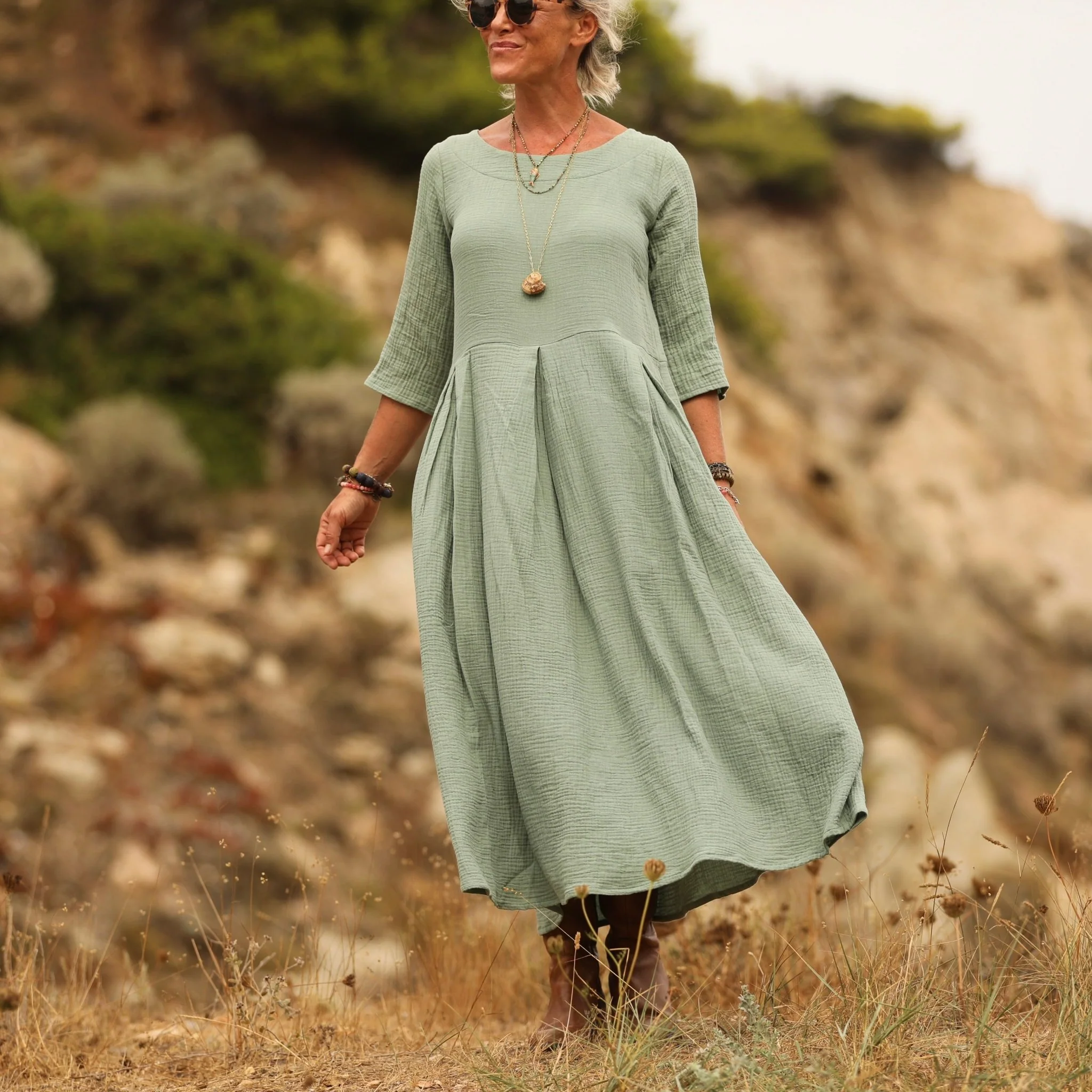 Robe Louisa double gaze de coton vert d'eau - Image 3