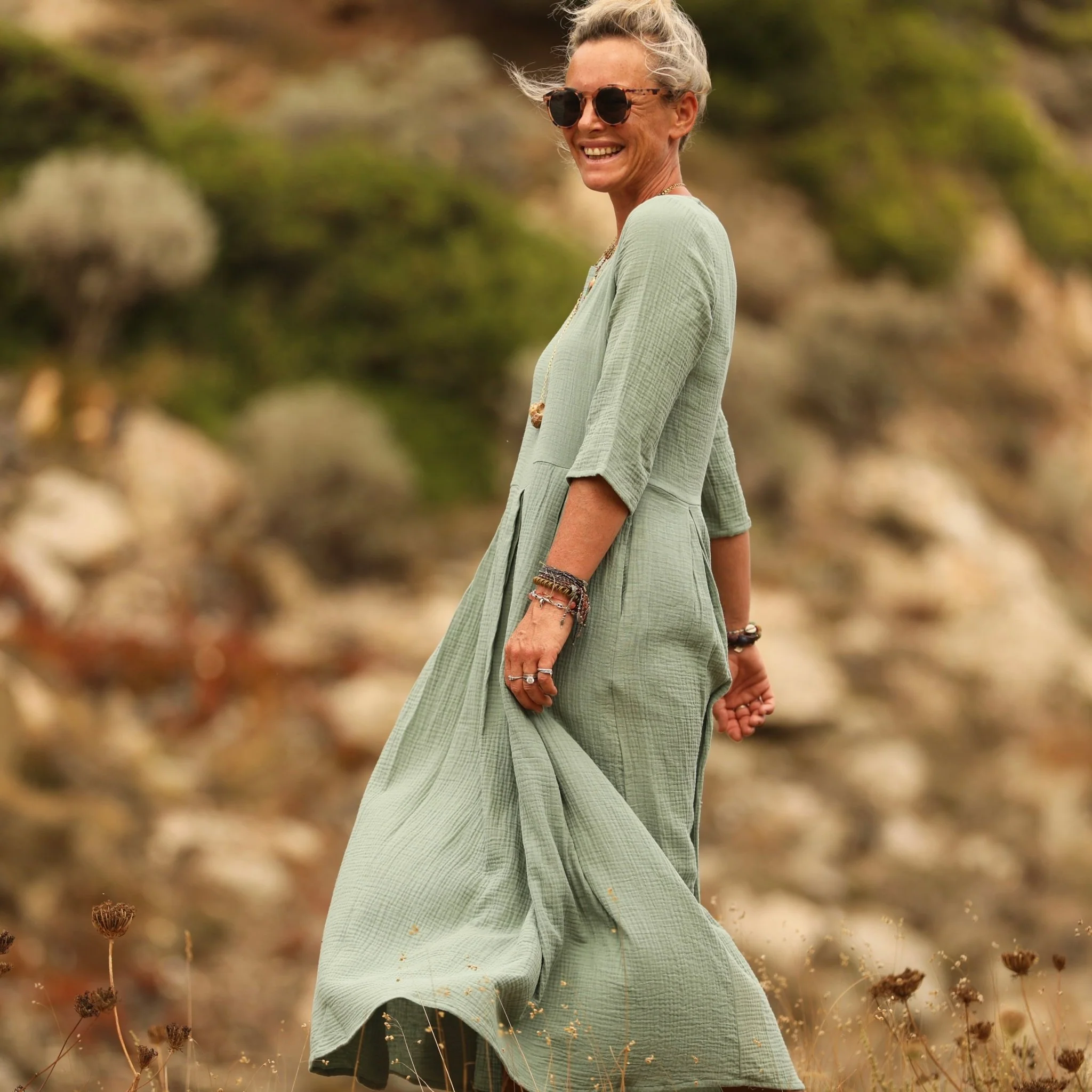 Robe Louisa double gaze de coton vert d'eau - Image 6