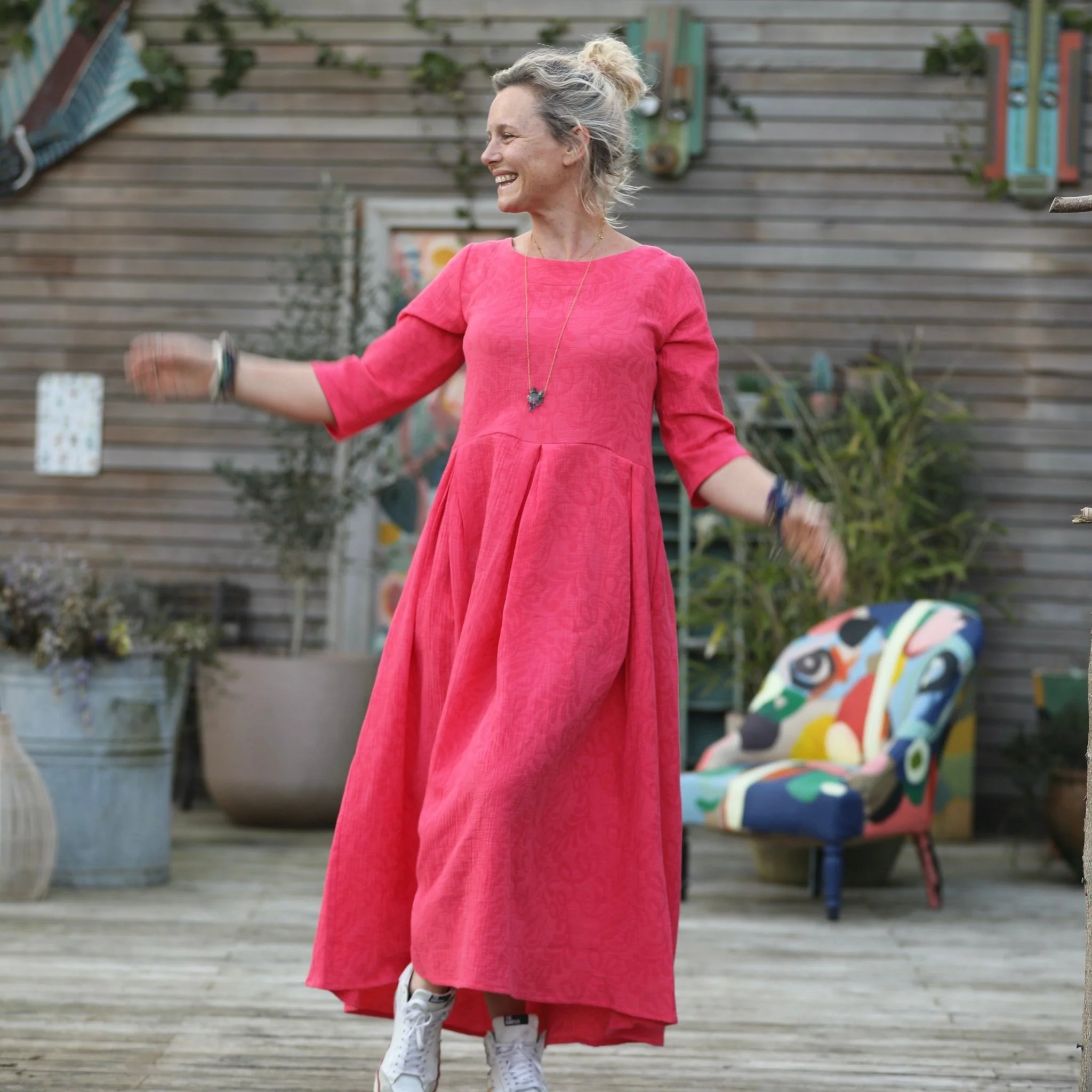 Robe Louisa manches 3/4 jacquard coton/lin fuchsia - Image 6