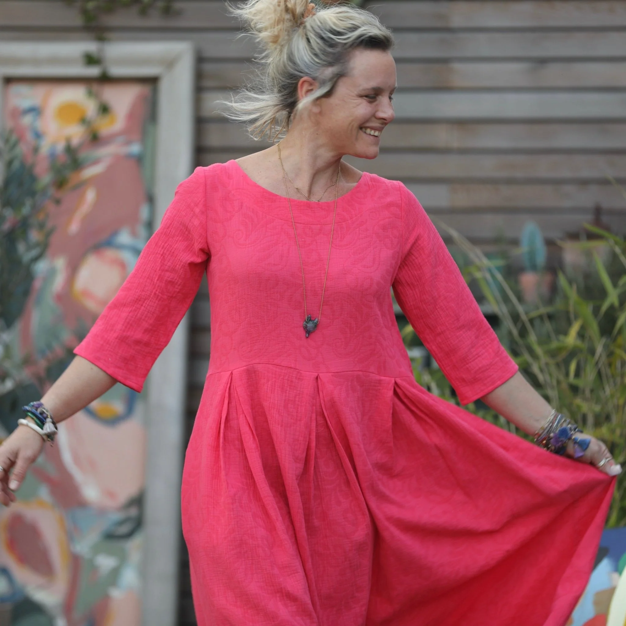 Robe Louisa manches 3/4 jacquard coton/lin fuchsia - Image 7