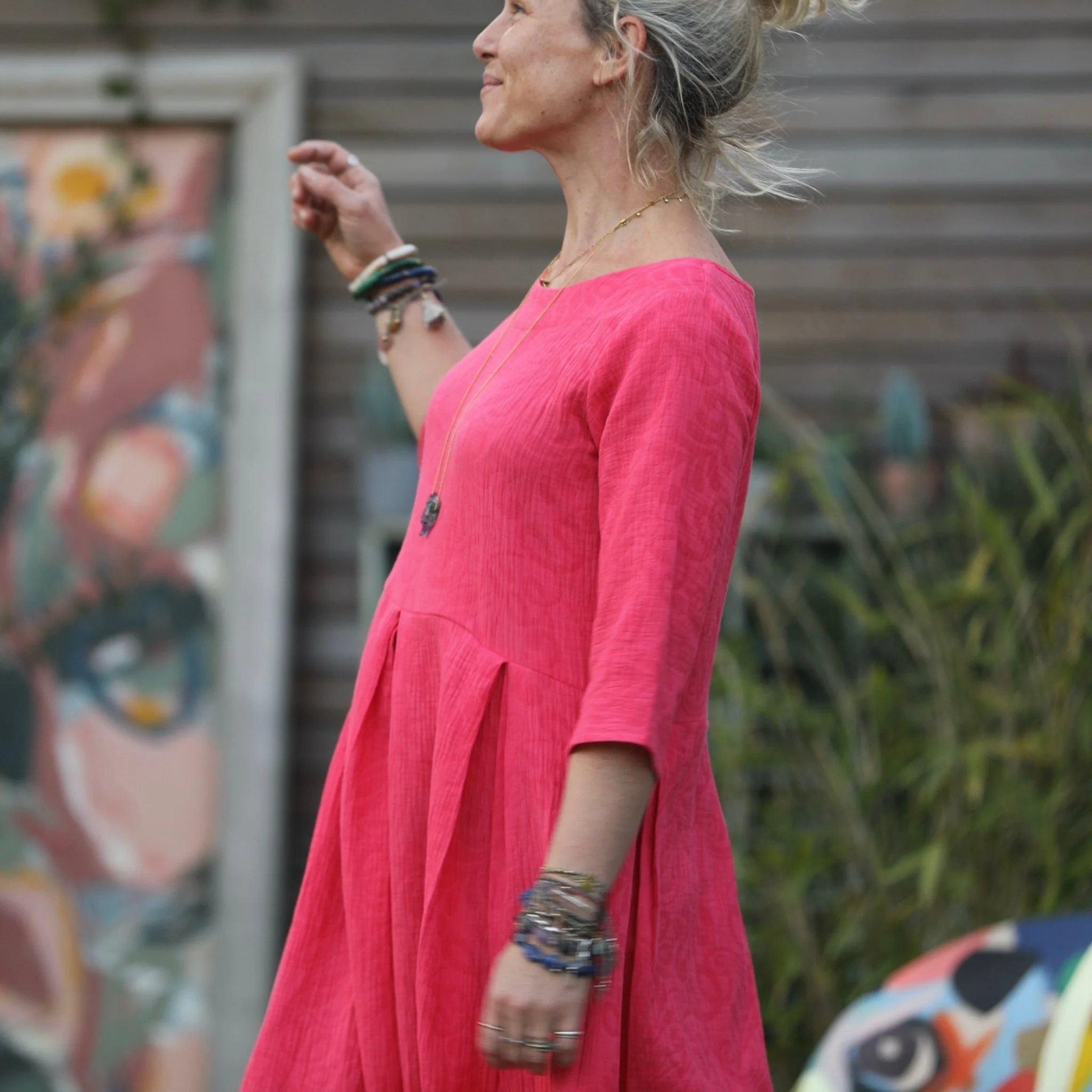 Robe Louisa manches 3/4 jacquard coton/lin fuchsia - Image 8