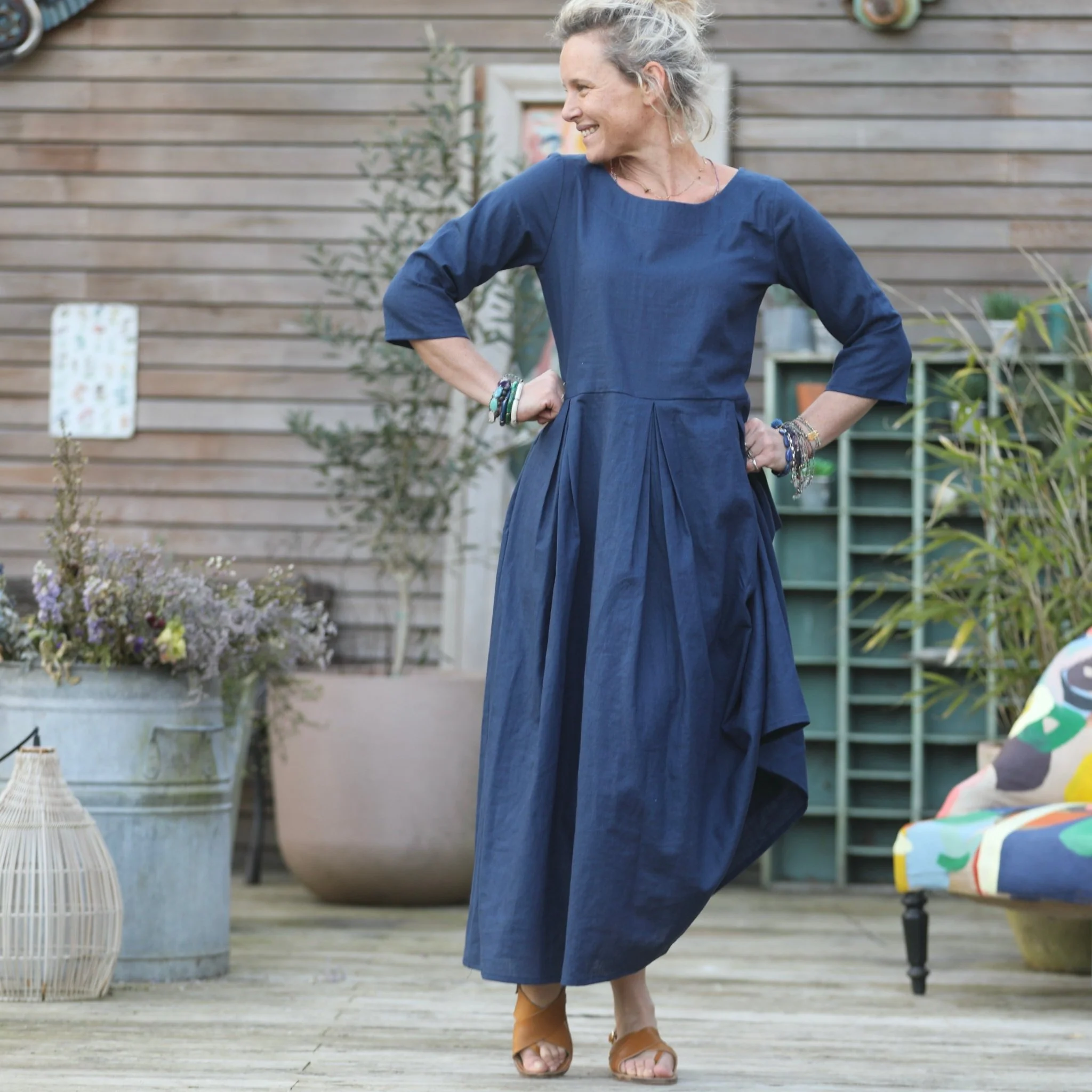 Robe Louisa manches 3/4 lin bleu indigo