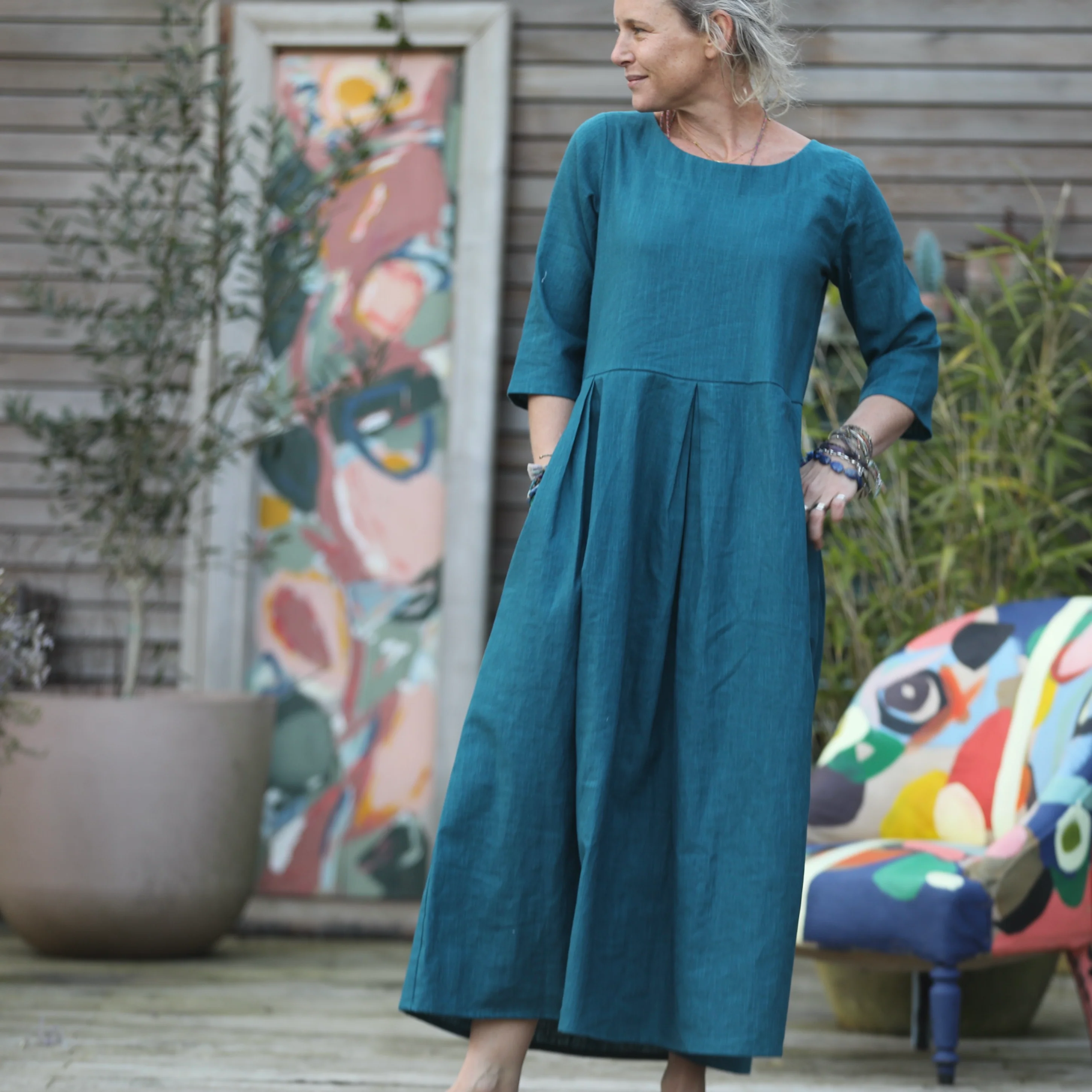 Robe Louisa manches 3/4 lin canard - Image 7