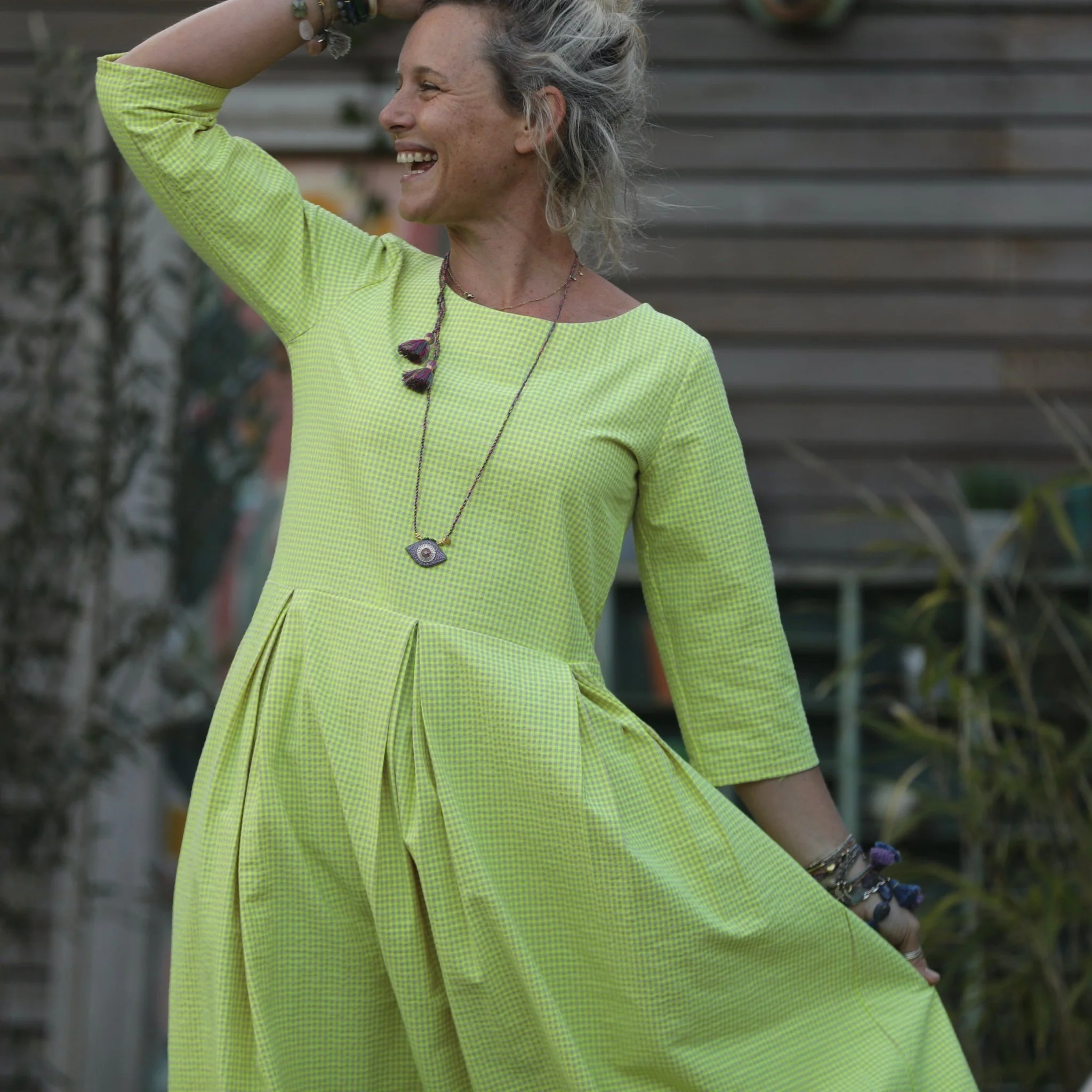 Robe Louisa manches 3/4 vichy ficelle/jaune fluo - Image 6