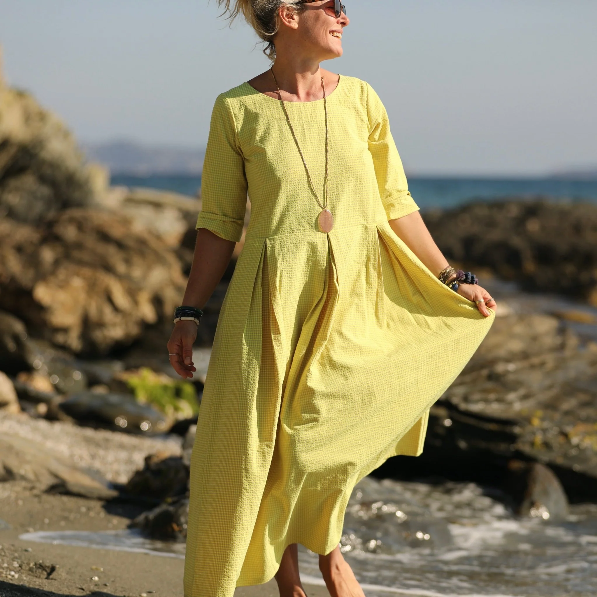 Robe Louisa manches 3/4 vichy ficelle/jaune fluo - Image 7