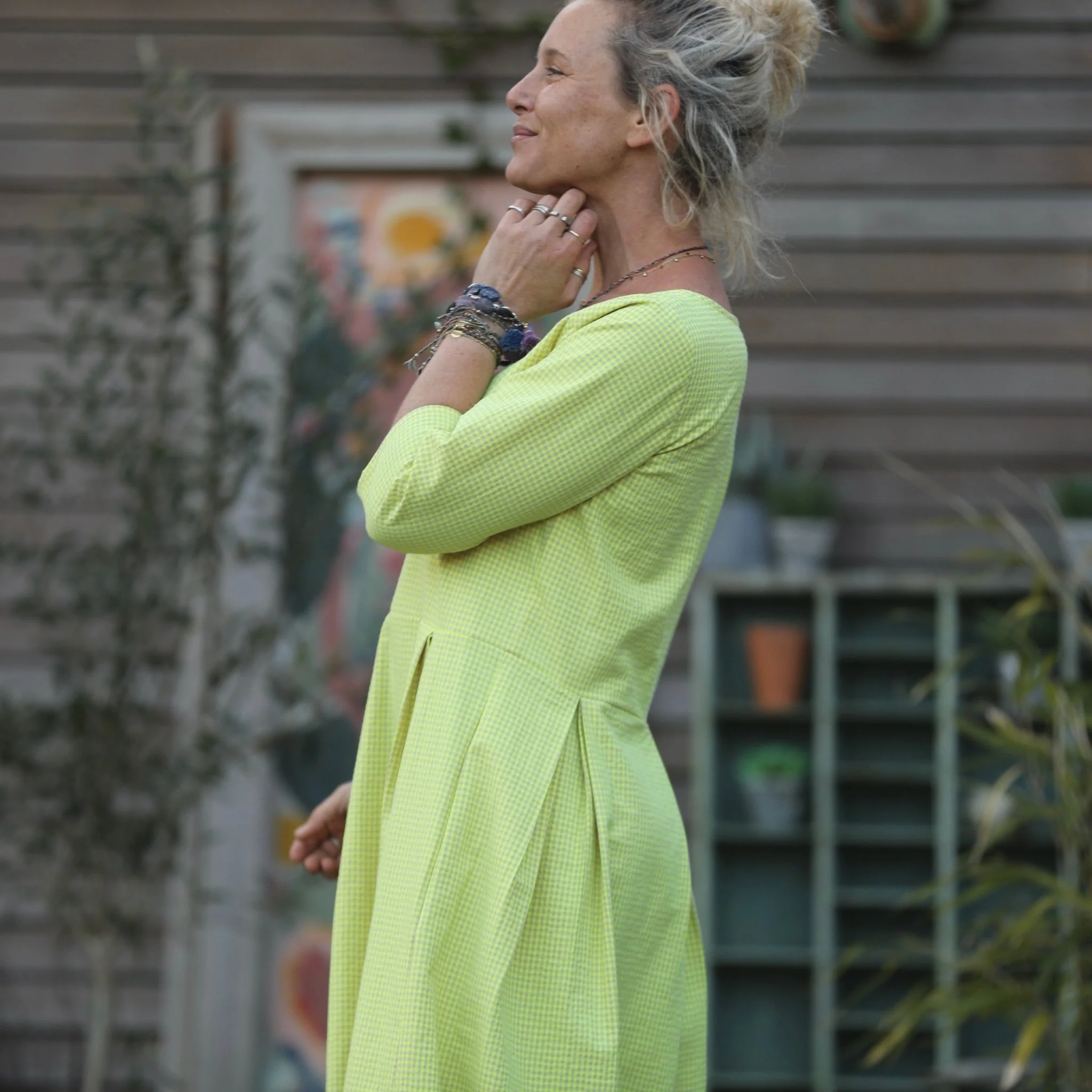 Robe Louisa manches 3/4 vichy ficelle/jaune fluo - Image 8